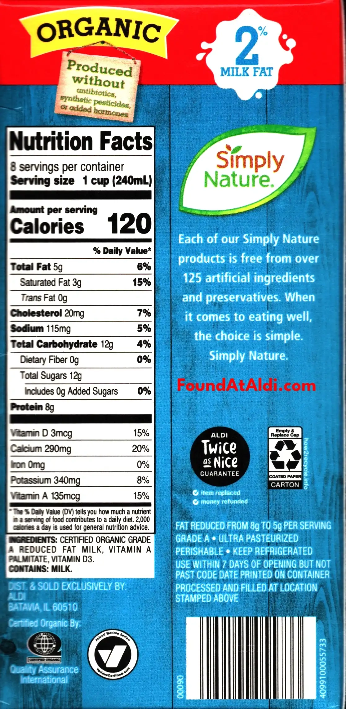 Simply Nature Organic 2% Milk Ingredients Nutrition Facts