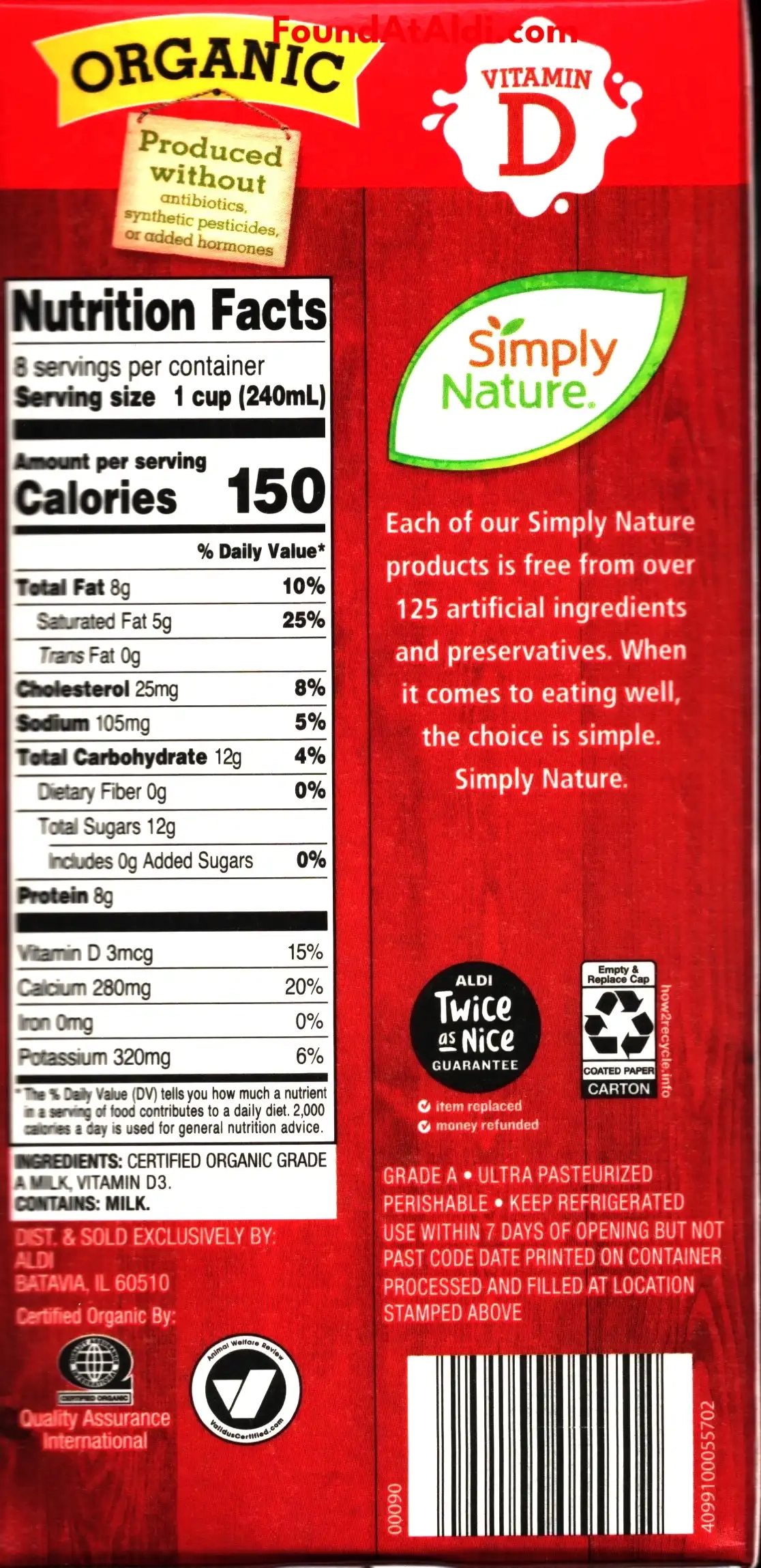 Simply Nature Organic D Milk Ingredients Nutrition Facts