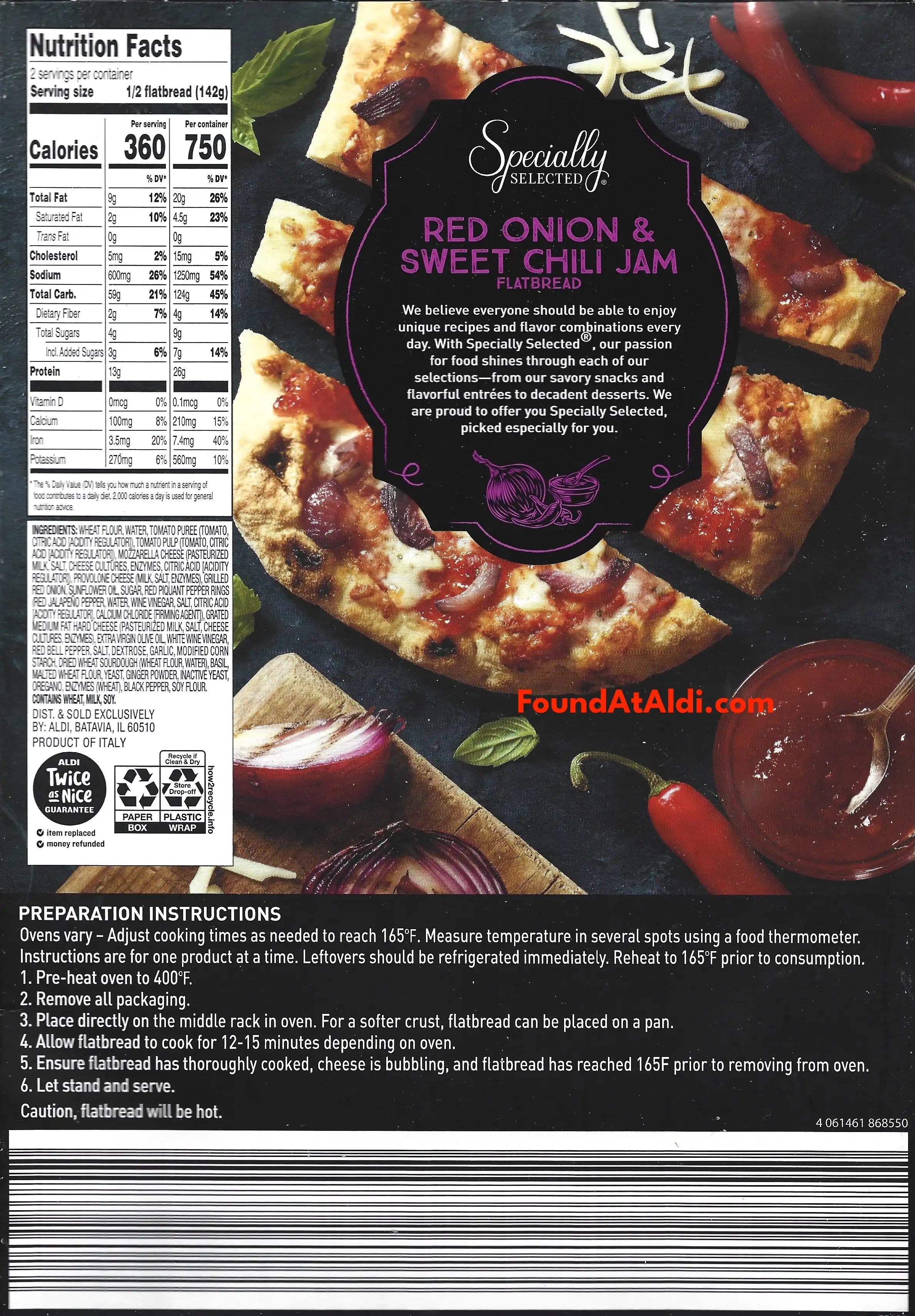 Specially Selected Red Onion & Sweet Chili Jam Flatbread Ingredients Nutrition Facts Cooking Directions