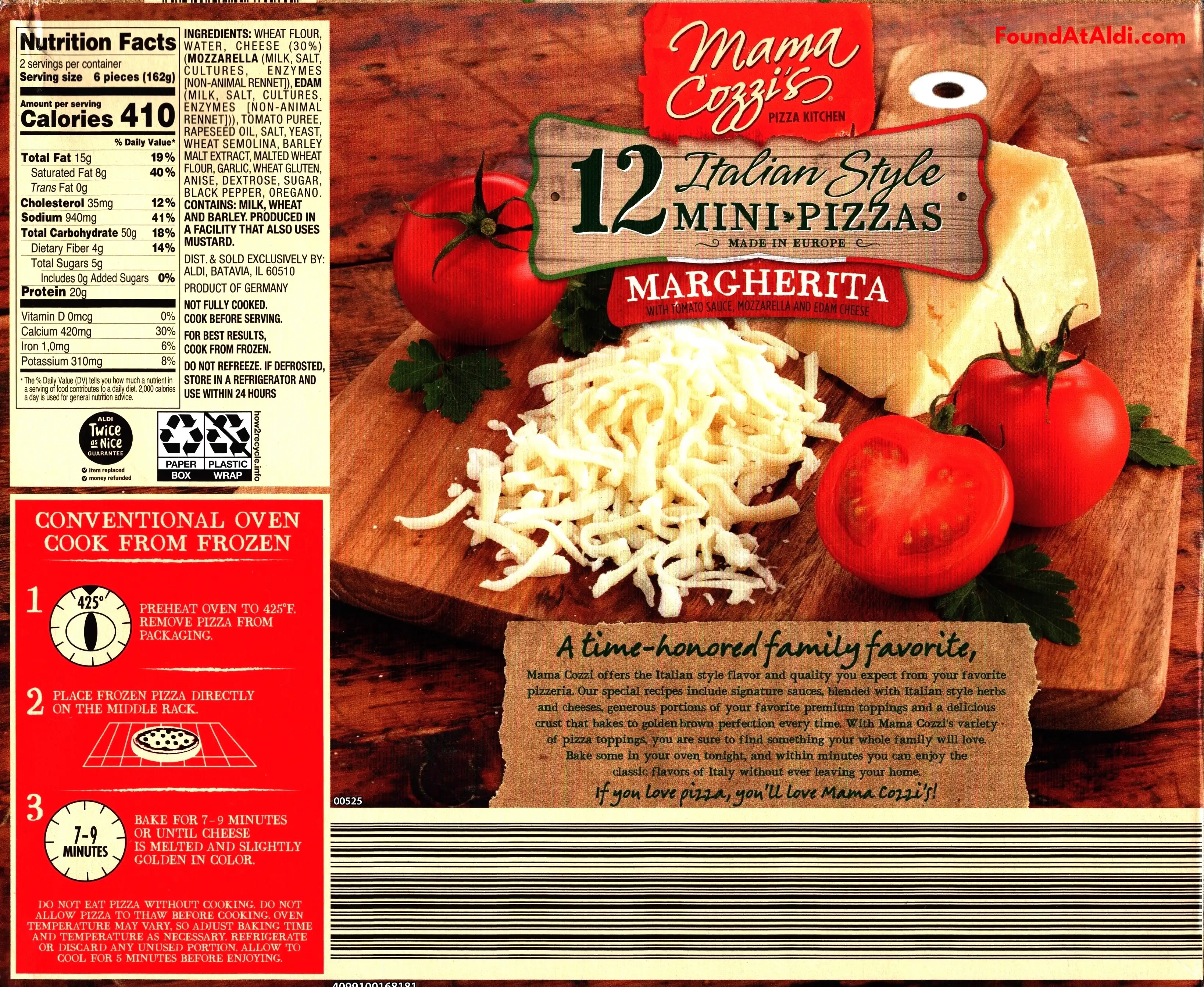 Mama Cozzi's 12 Italian Style Mini Pizzas Margherita Ingredients Nutrition Facts Cooking Directions