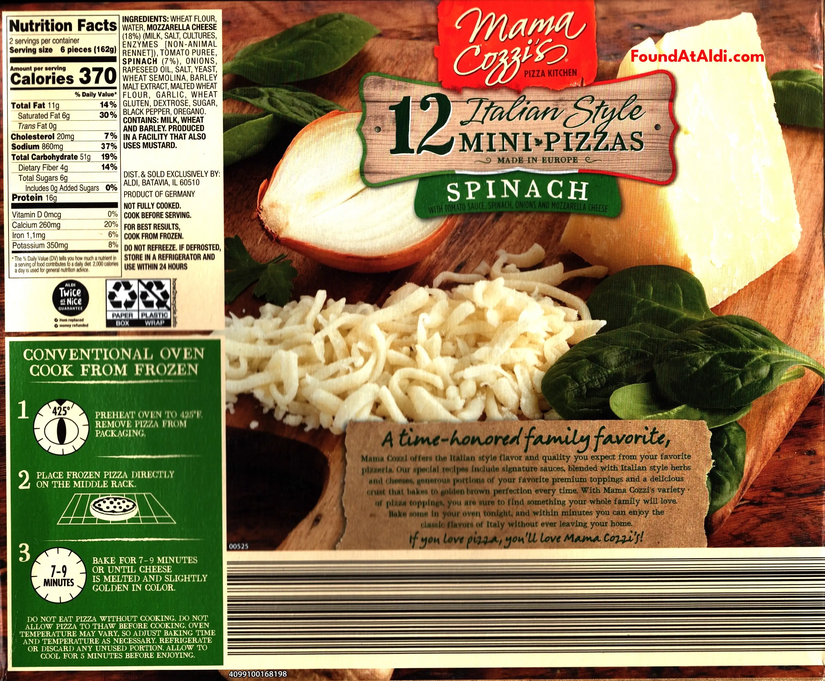 Mama Cozzi's 12 Italian Style Mini Pizzas Spinach Ingredients Nutrition Facts Cooking Directions