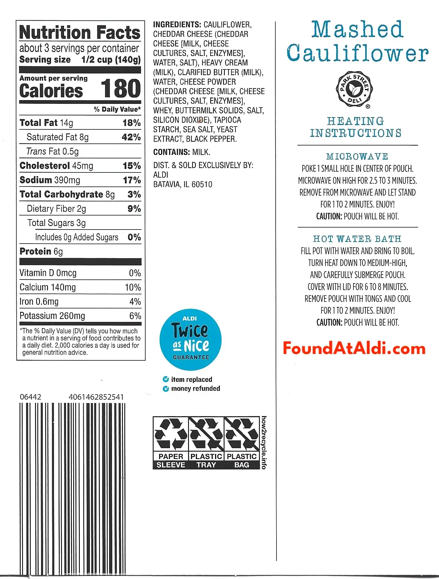 Park Street Deli Mashed Cauliflower Ingredients Nutrition Facts Cooking Directions