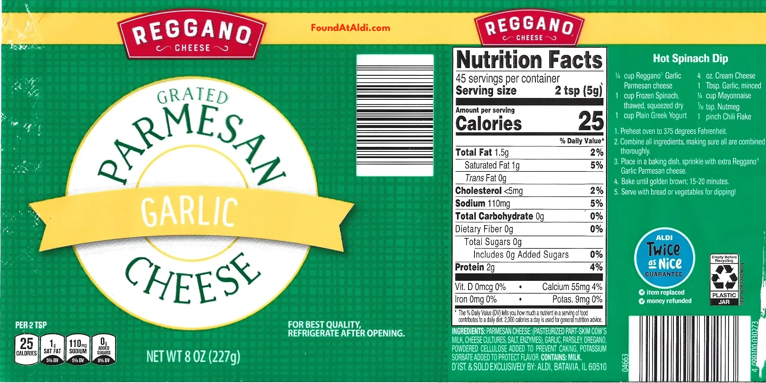 Reggano Garlic Parmesan Cheese Ingredients Nutrition Facts