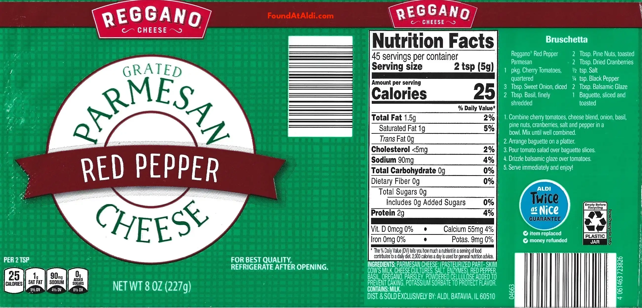 Reggano Red Pepper Parmesan Cheese Ingredients Nutrition Facts