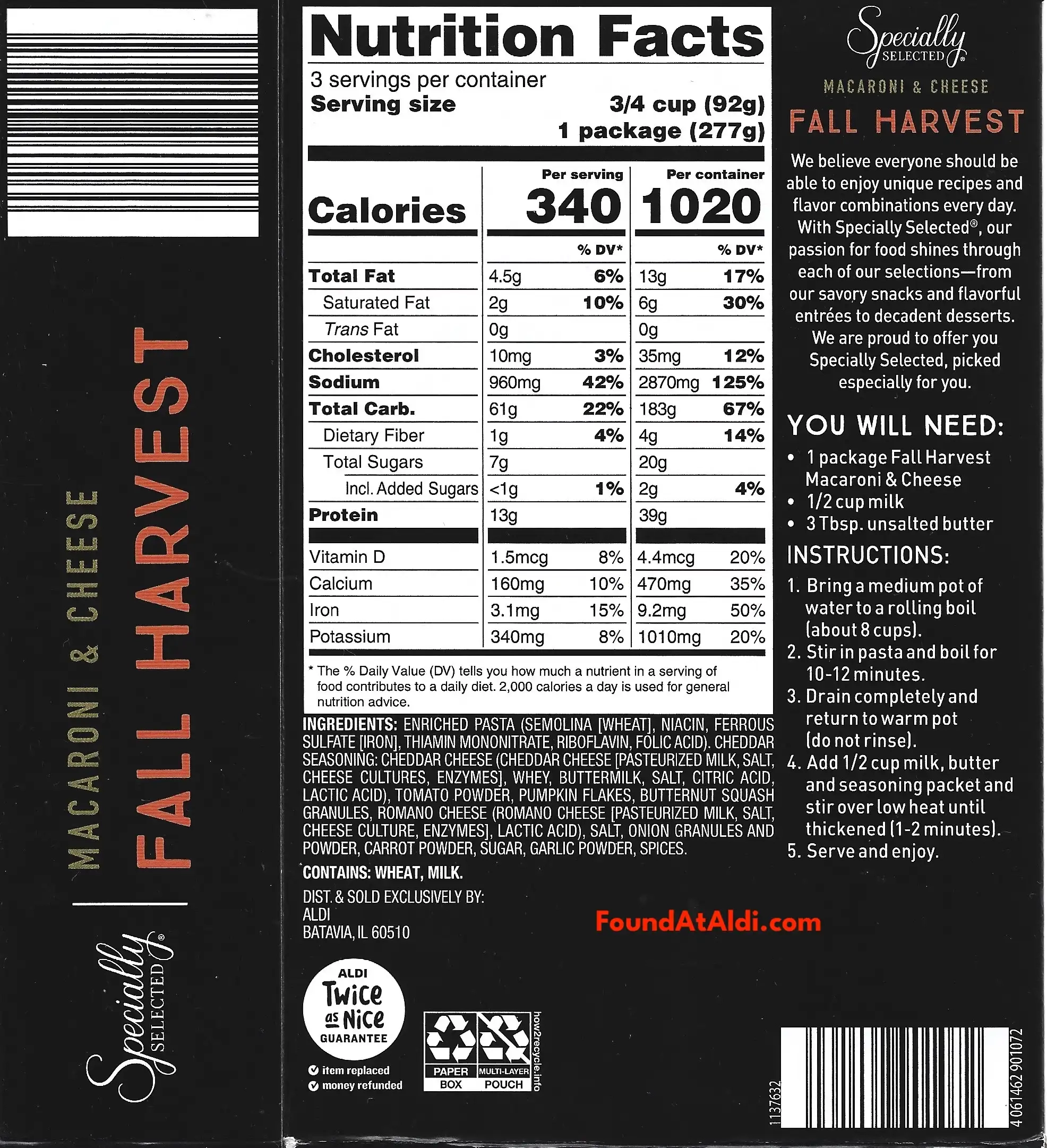 Specially Selected Fall Harvest Macaroni & Cheese Ingredients Nutrition Facts Cooking Directions