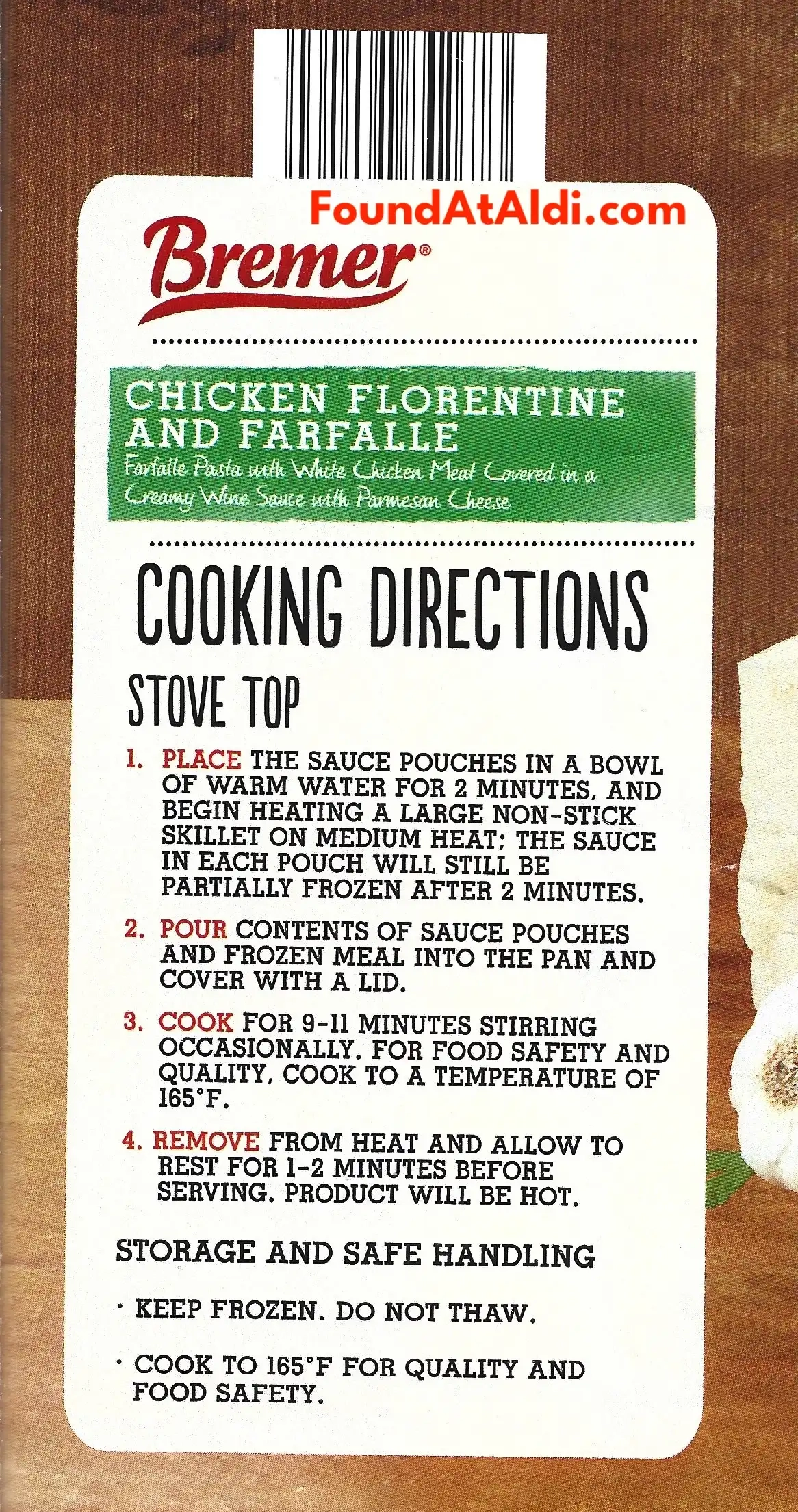 Bremer Chicken Florentine And Farfalle Cooking Directions