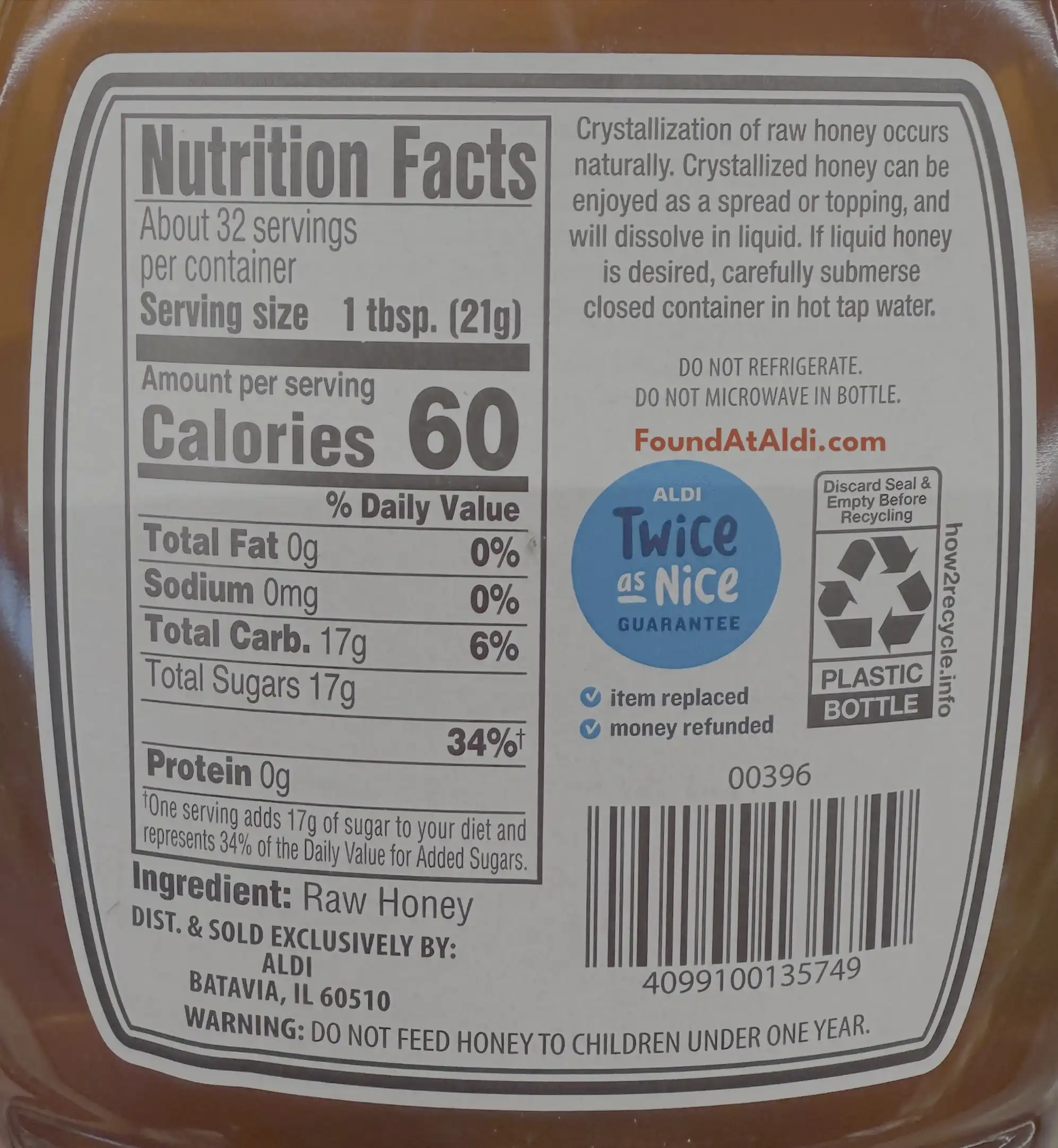 Specially Selected Raw Honey Ingredients Nutrition Facts