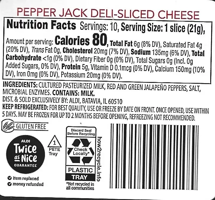 Happy Farms Pepper Jack Deli Sliced Cheese Nutrition Facts Ingredients