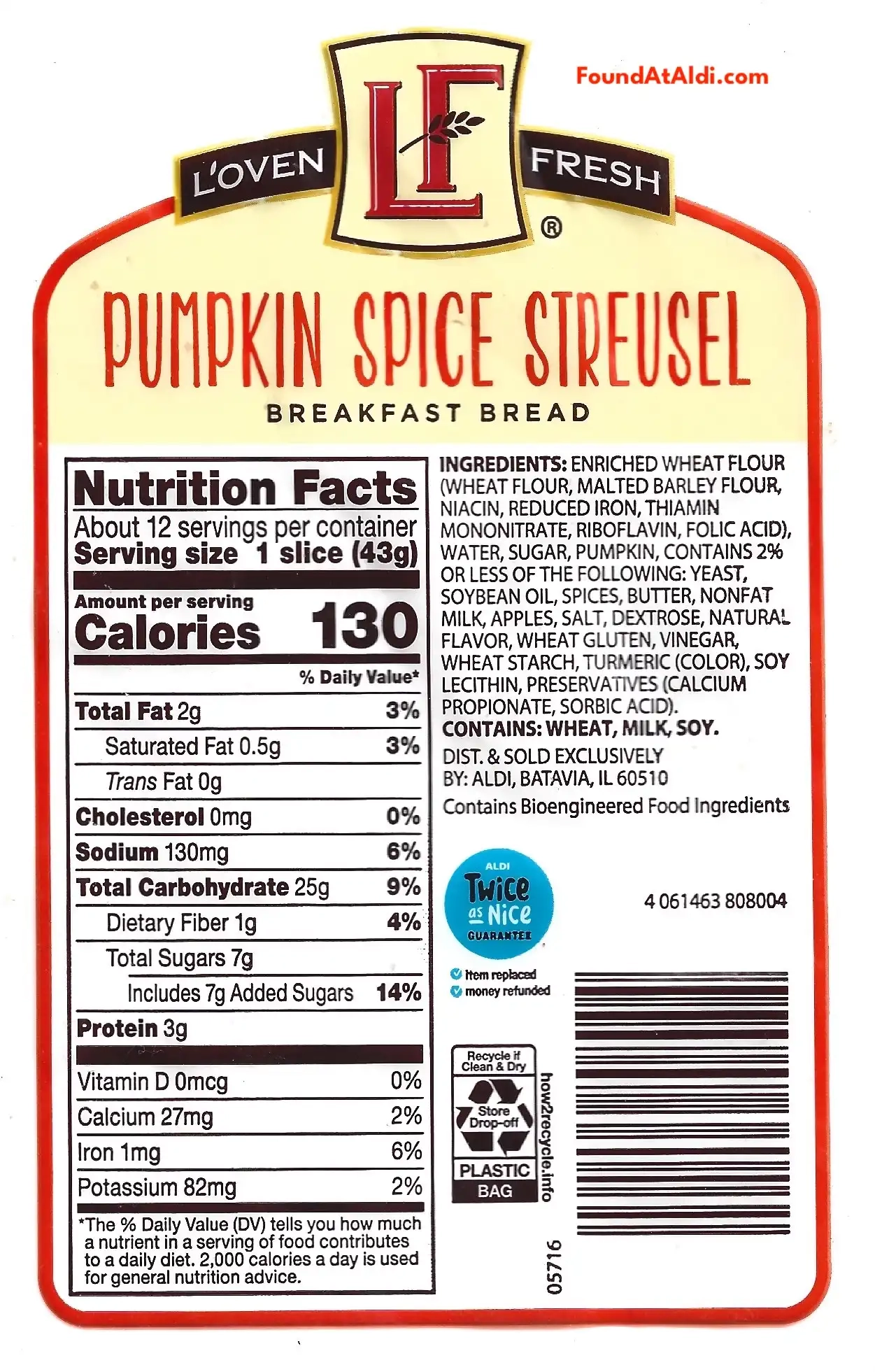 L'oven Fresh Pumpkin Spice Streusel Breakfast Bread Ingredients Nutrition Facts