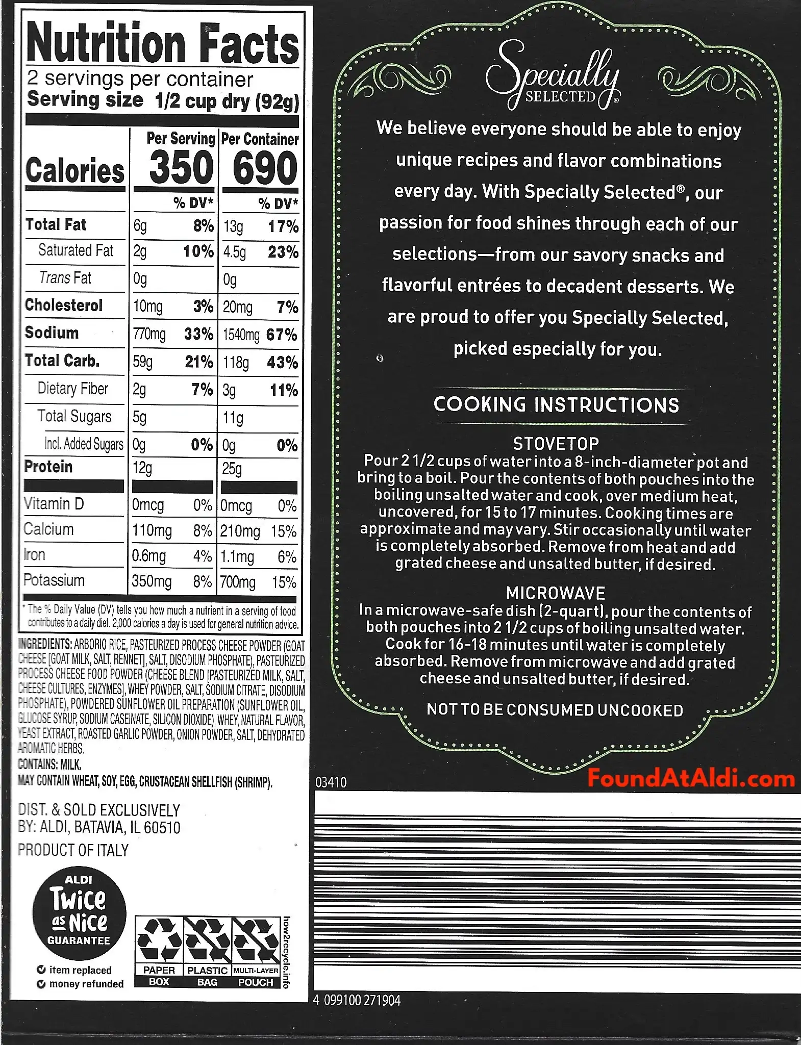 Specially Selected Garlic & Herb Risotto Ingredients Nutrition Facts Cooking Directions