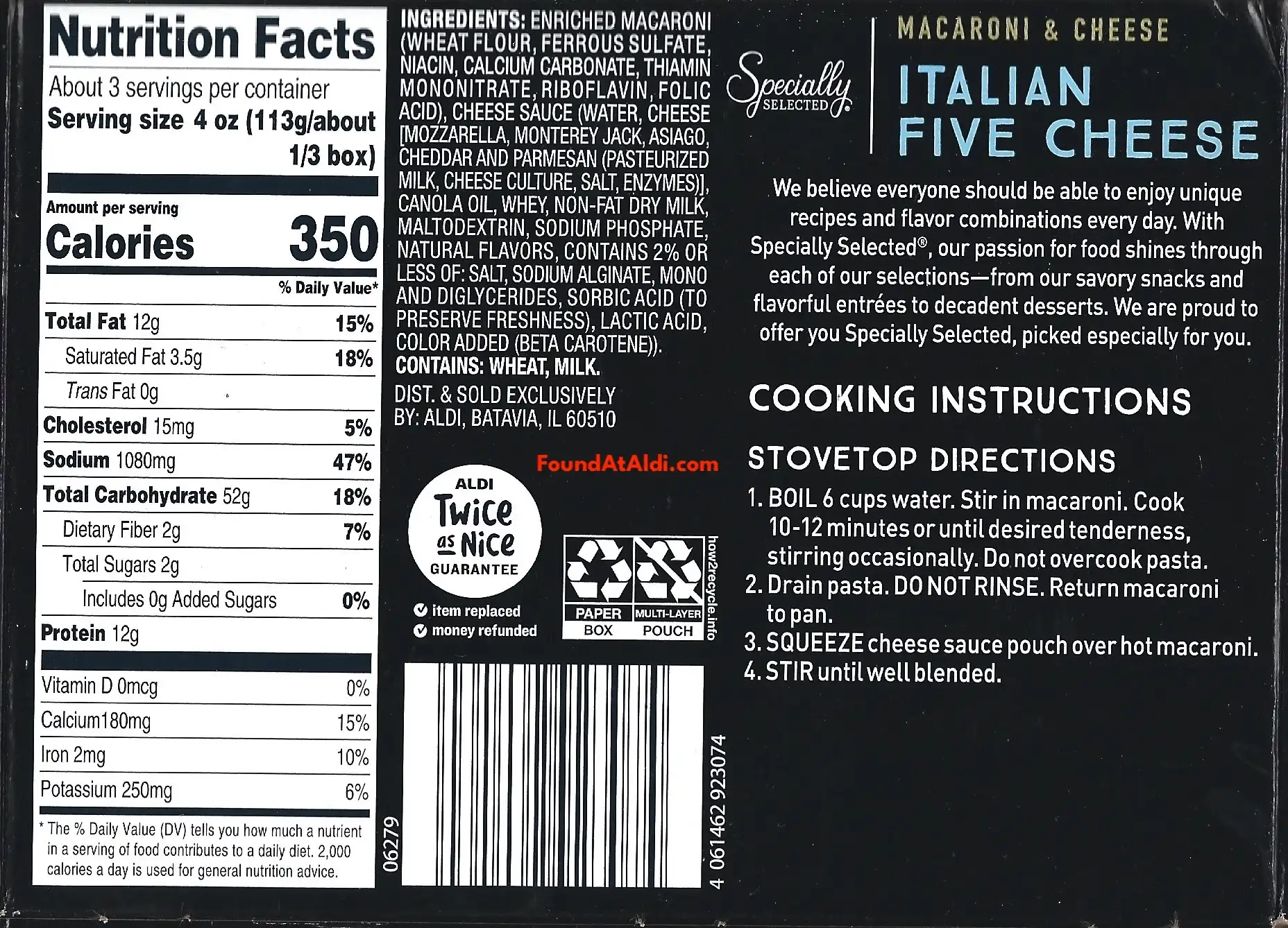 Specially Selected Italian Five Cheese Macaroni & Cheese Ingredients Nutrition Facts