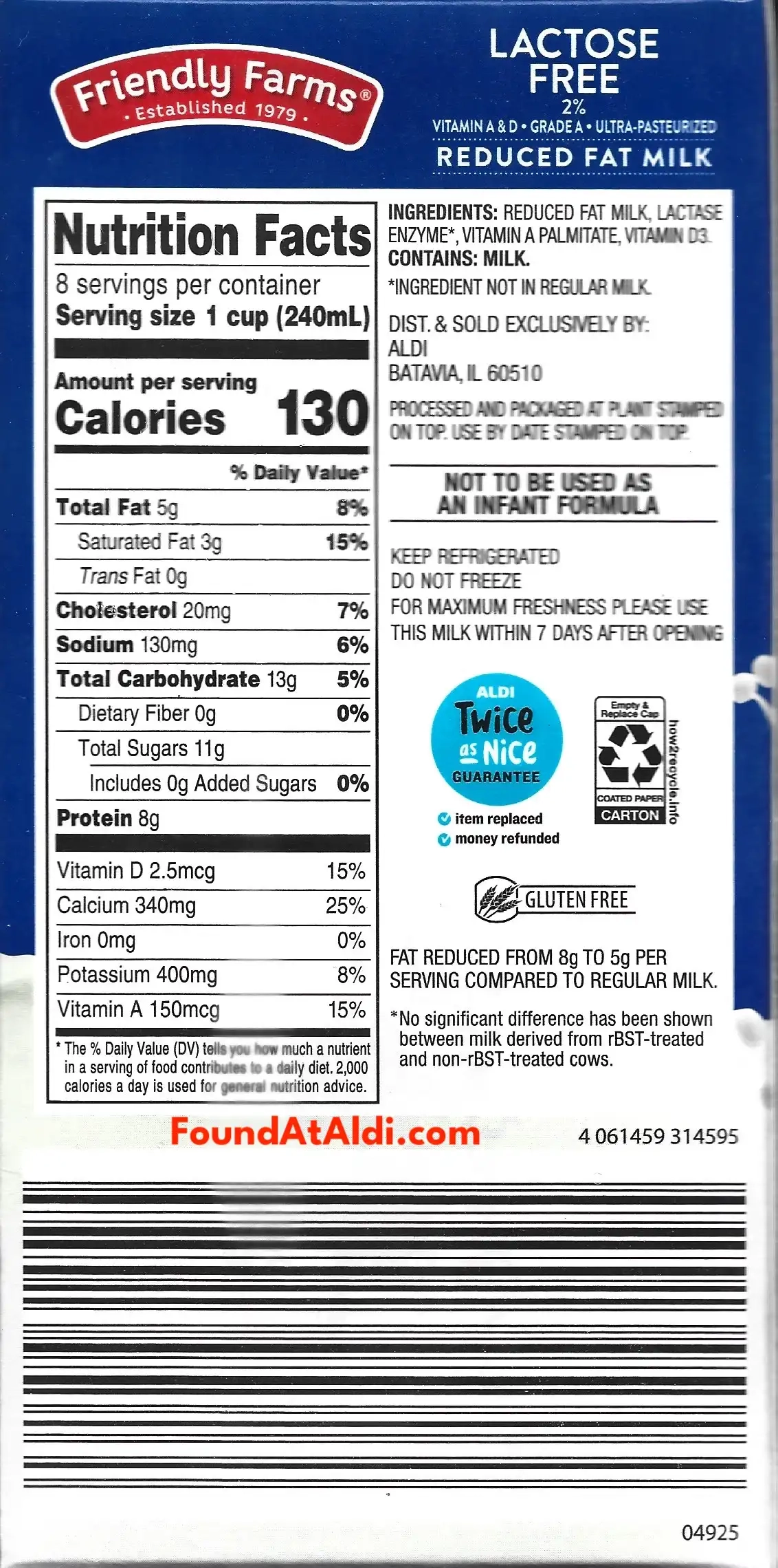 Friendly Farms Lactose Free 2% Milk Ingredients Nutrition Facts