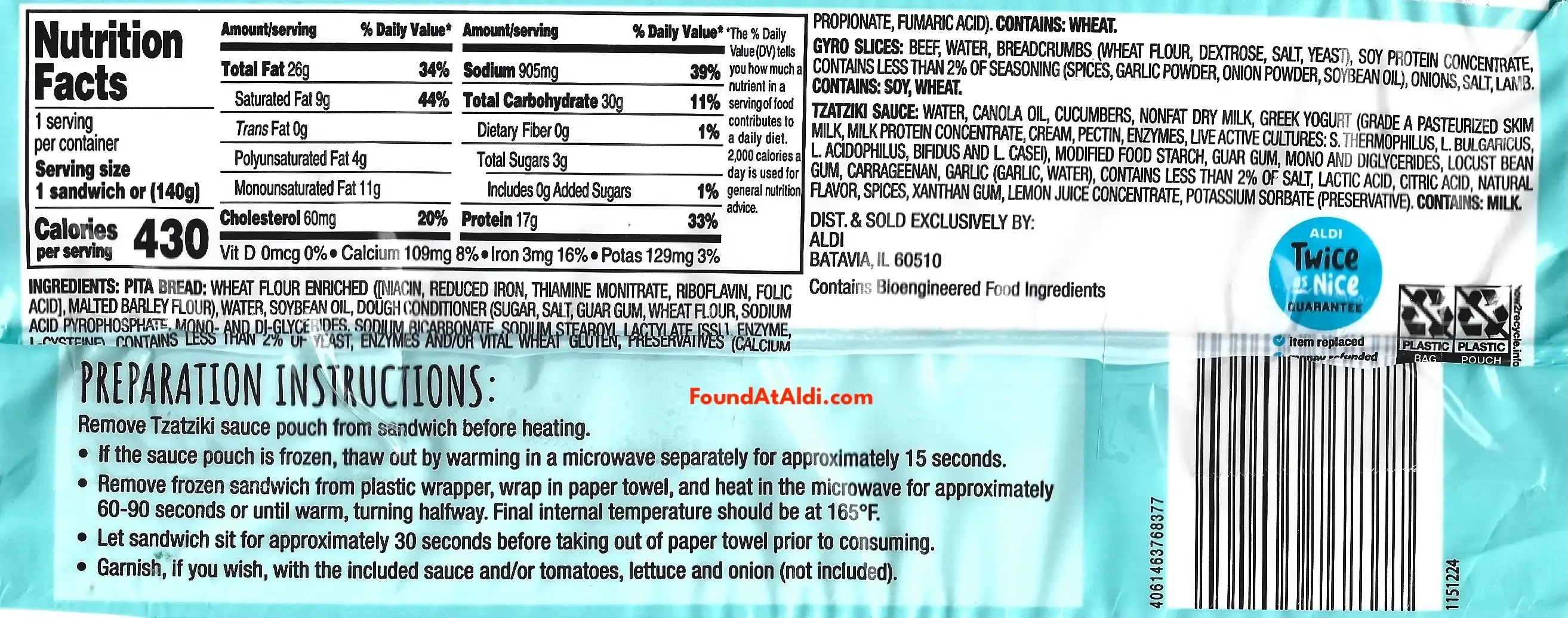 Bremer Beef & Lamb Gyro Sandwich Ingredients Nutrition Facts Cooking Directions