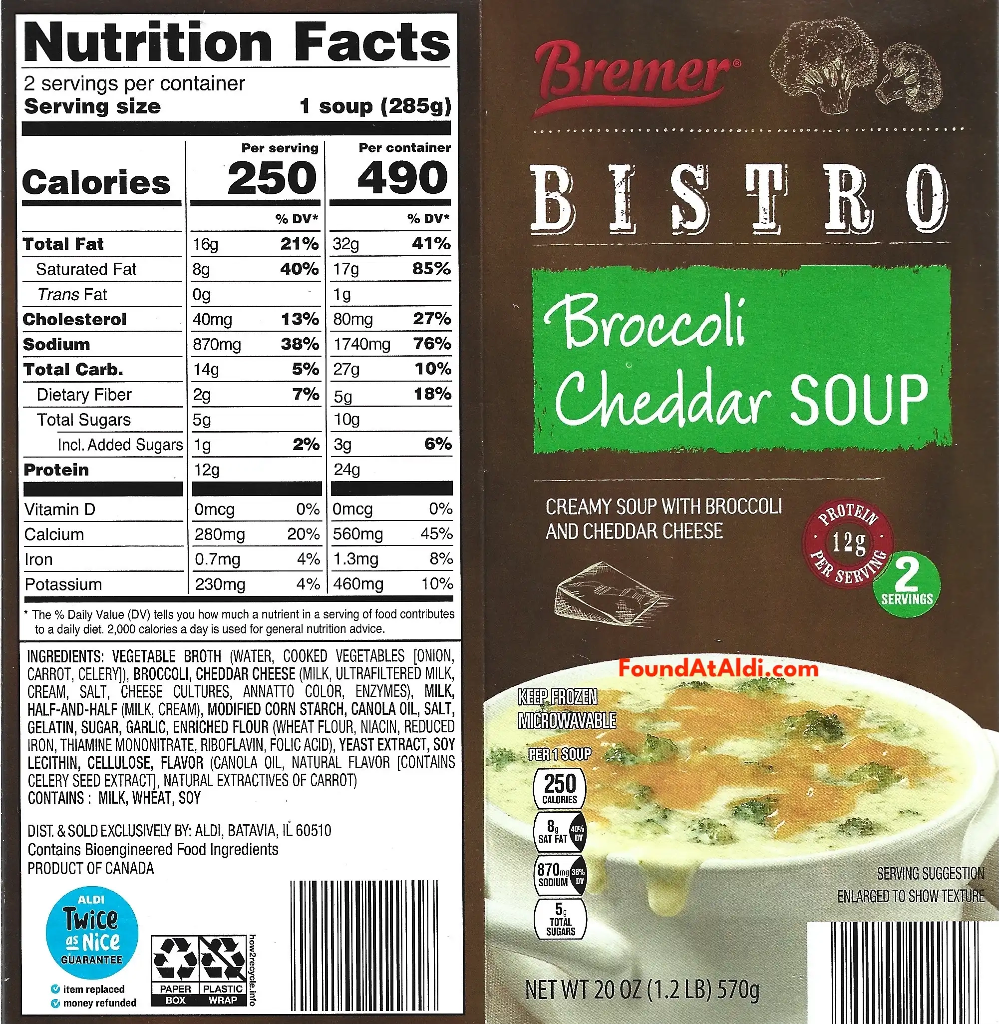 Bremer Bistro Broccoli Cheddar Soup Ingredients Nutrition Facts