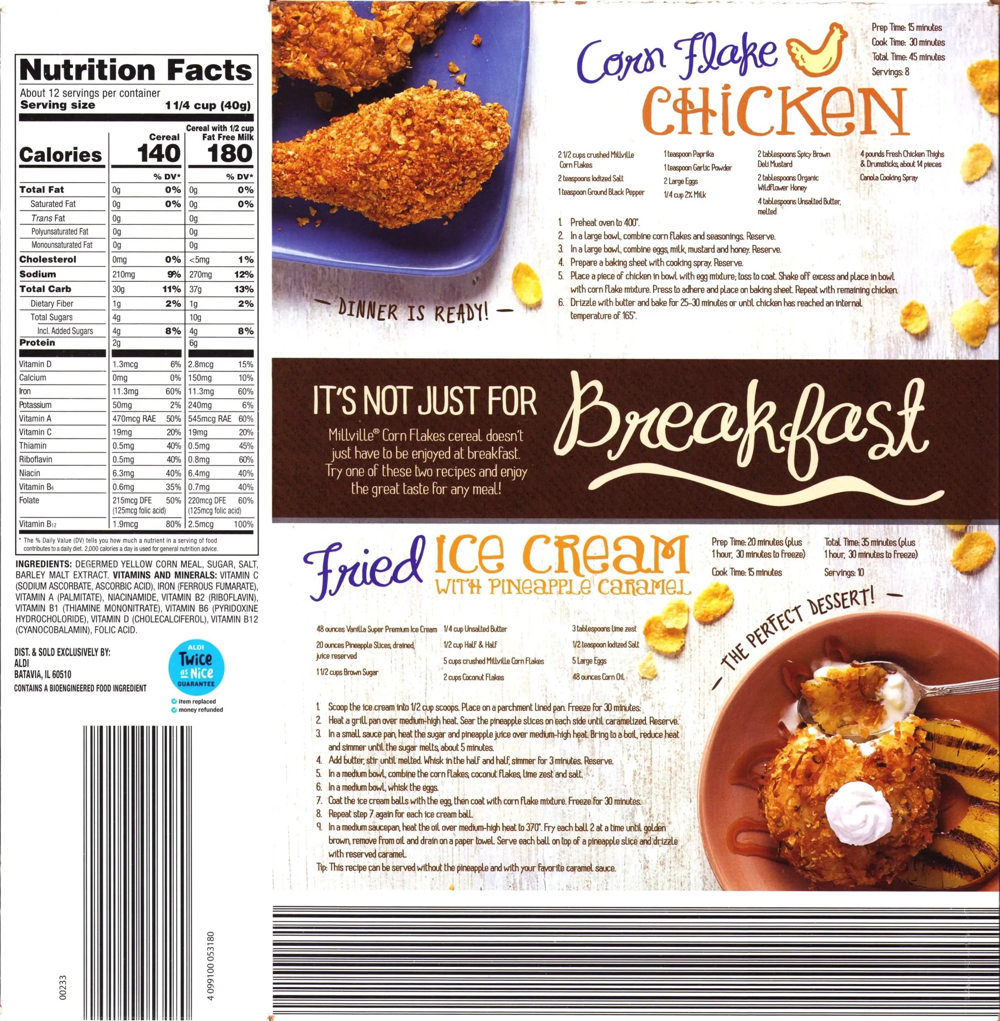 Millville Corn Flakes Cereal Nutrition Facts Ingredients Back