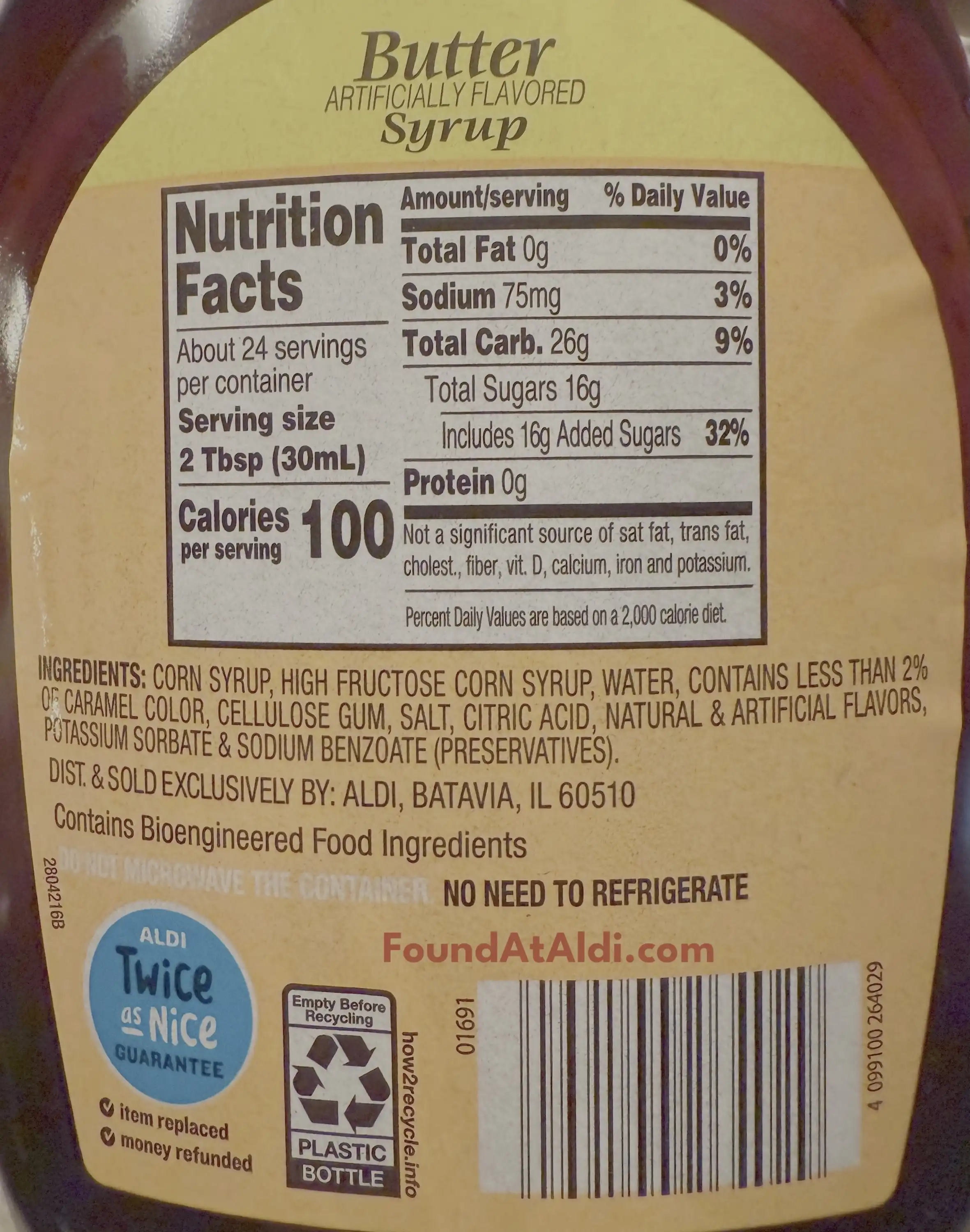 Millville Butter Flavored Syrup Ingredients Nutrition Facts