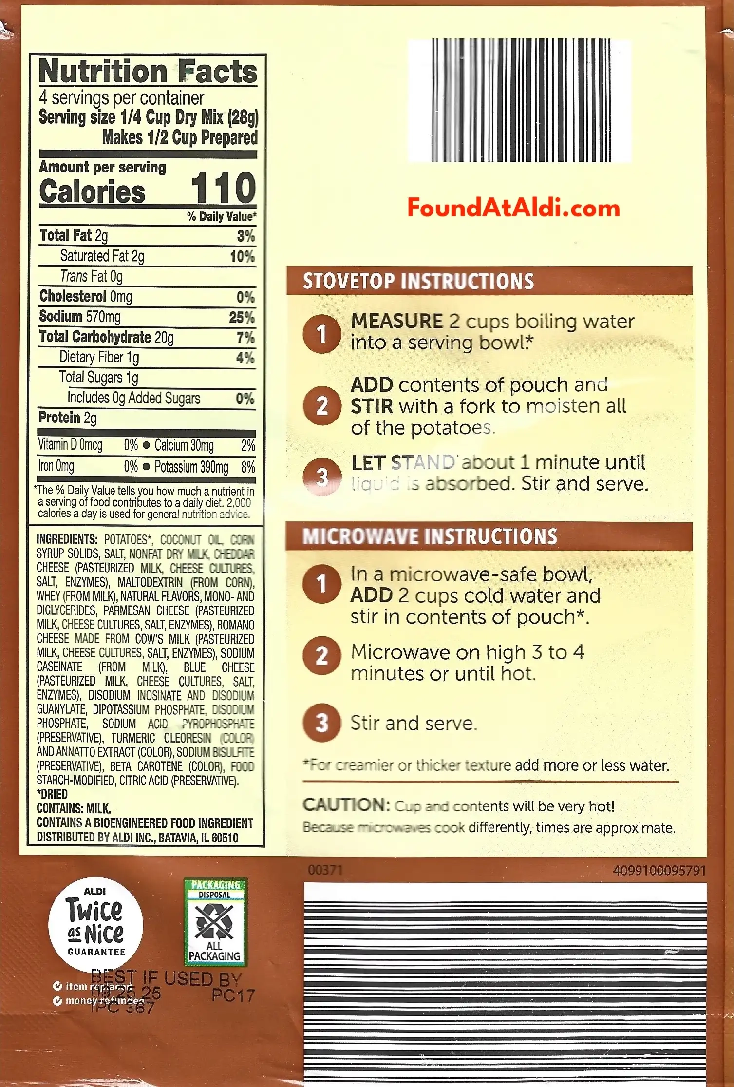 Chef's Cupboard Four Cheese Mashed Potatoes Ingredients Nutrition Facts Cooking Directions