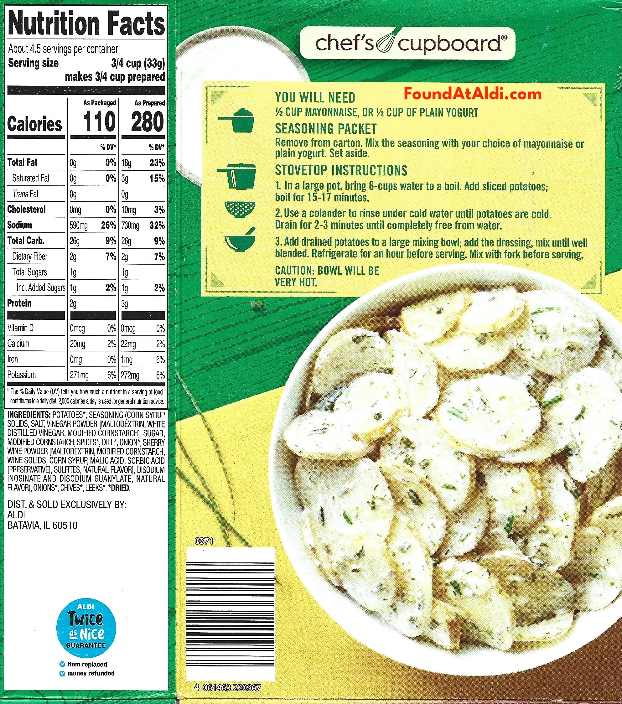 Chef's Cupboard Dill Potato Salad Ingredients Nutrition Facts Cooking Directions