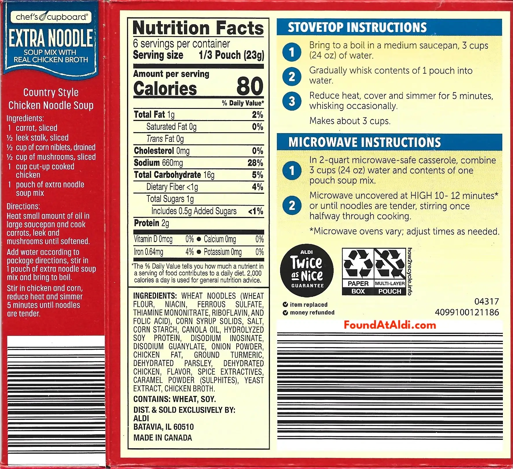 Chef's Cupboard Extra Noodle Soup Ingredients Nutrition Facts Cooking Directions