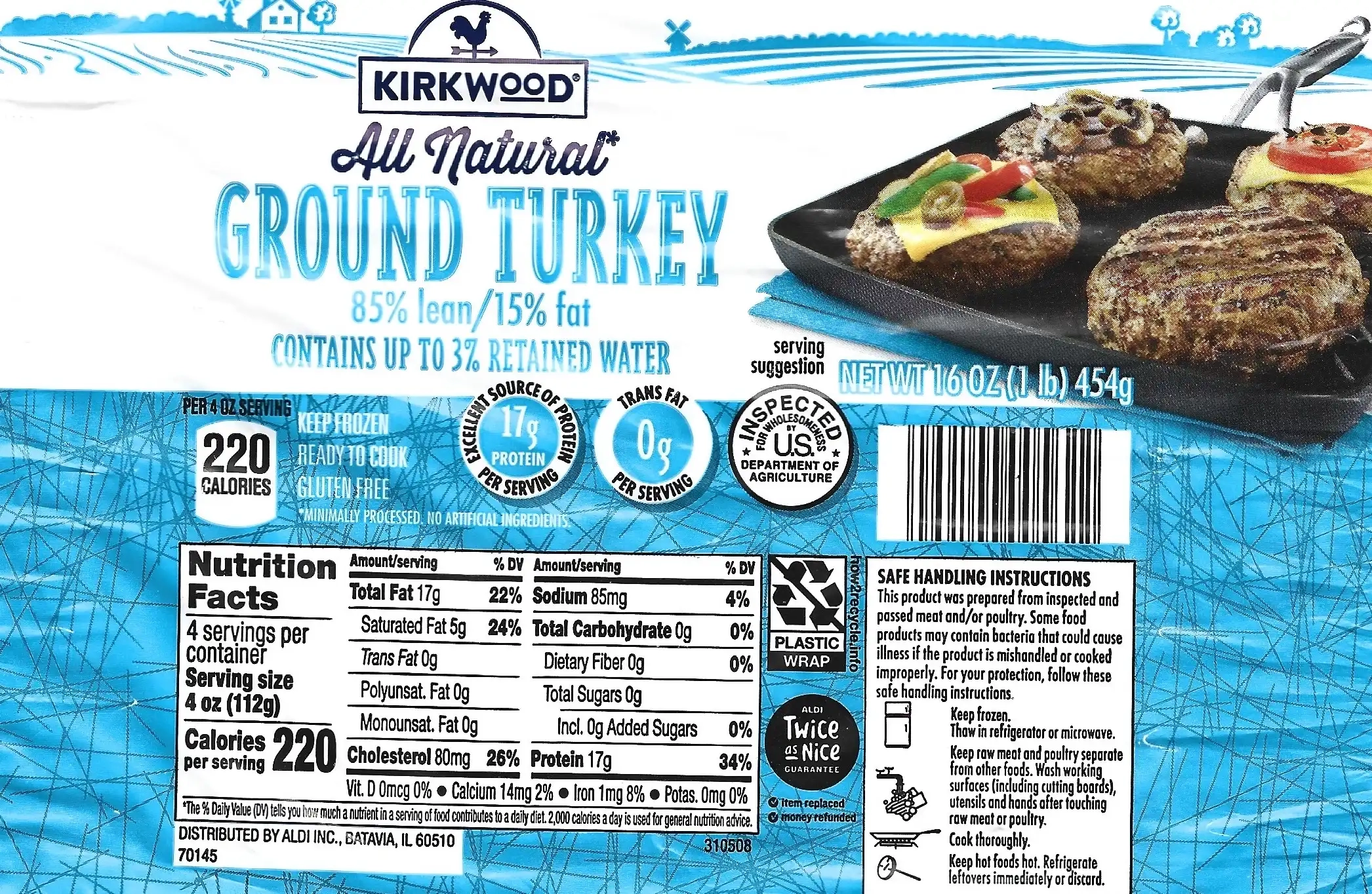 Kirkwood All Natural Frozen Ground Turkey 85% Lean 15% Fat Nutrition Facts Ingredients