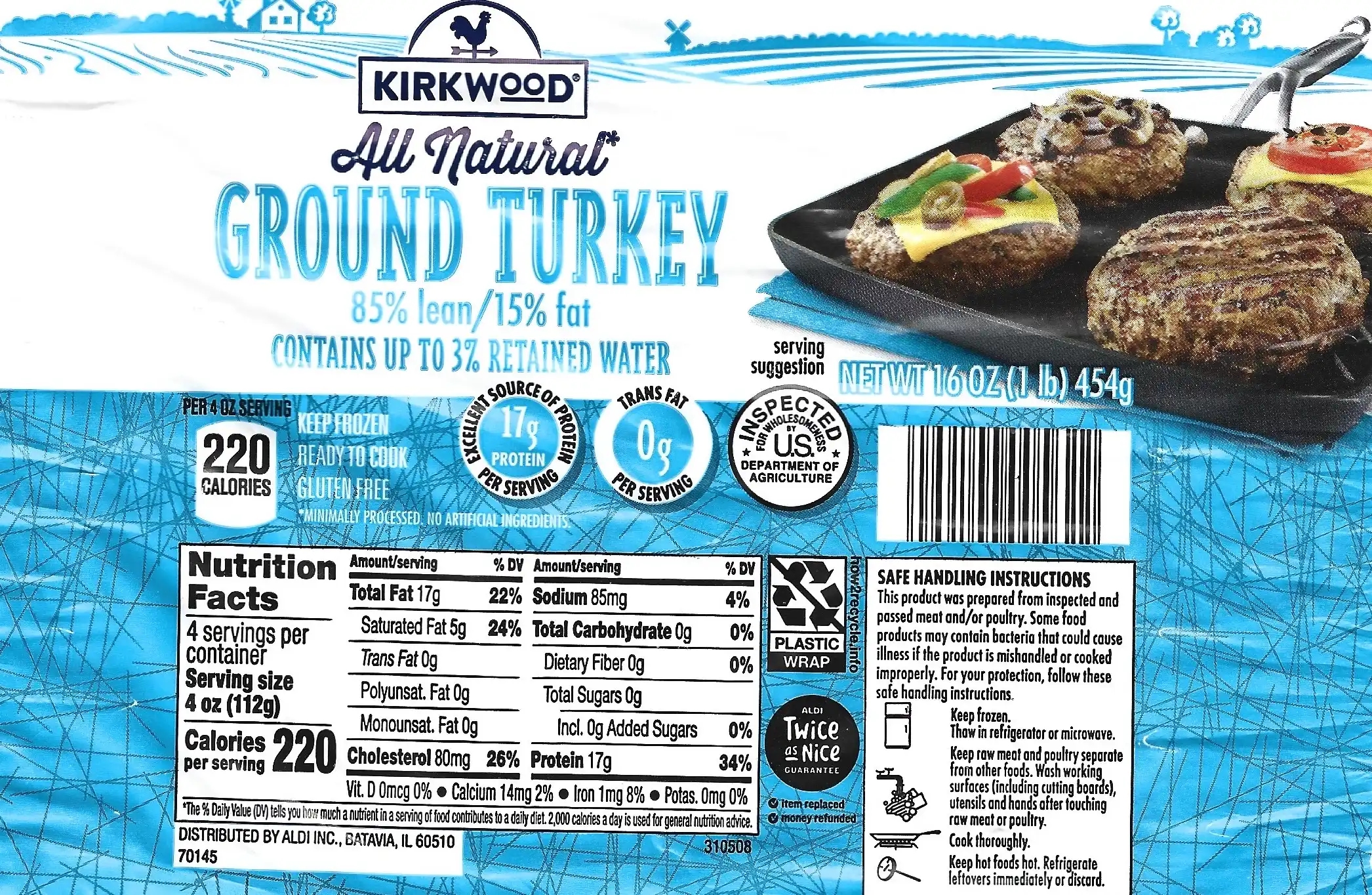 Kirkwood All Natural Frozen Ground Turkey 85% Lean 15% Fat