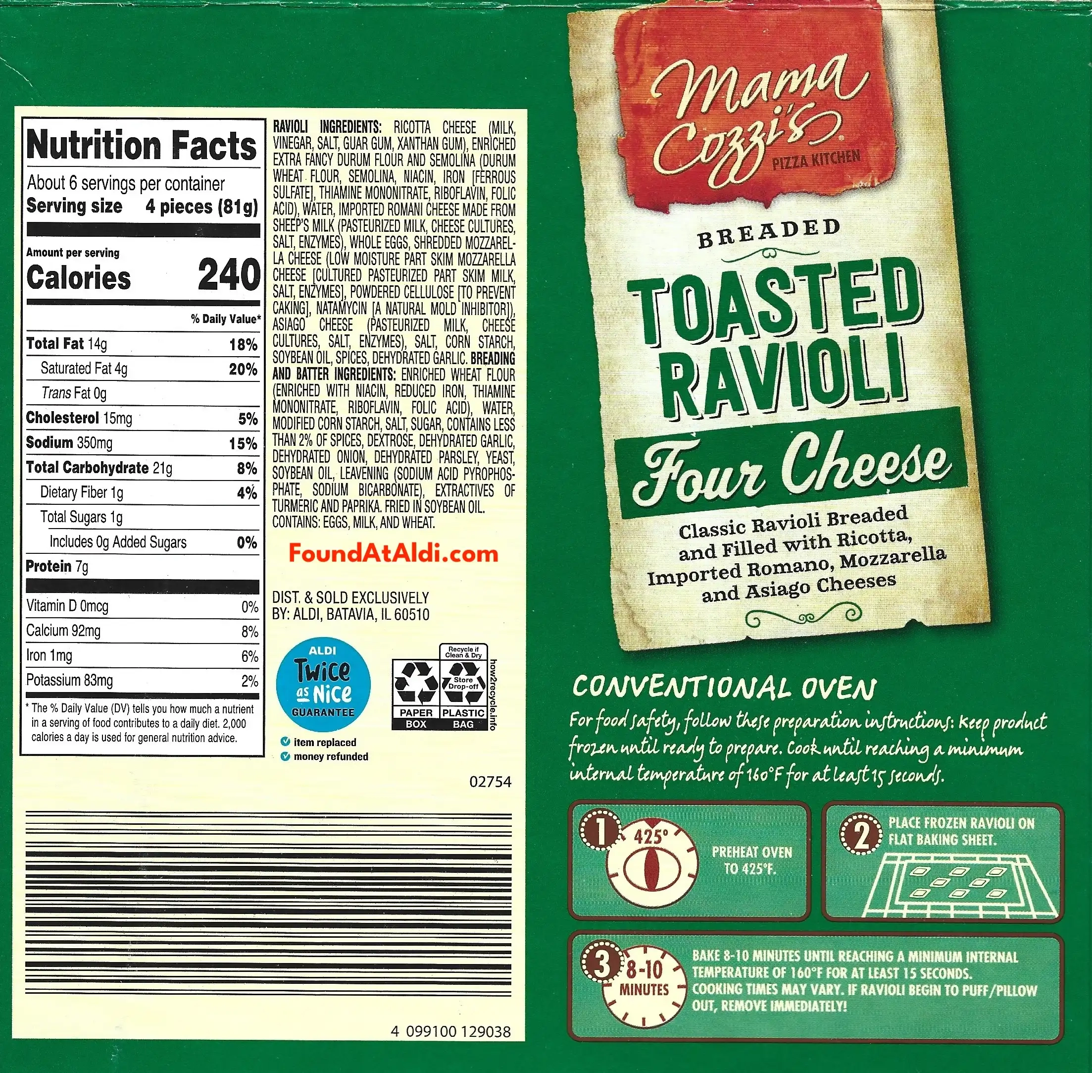 Mama Cozzi's Four Cheese Toasted Ravioli Ingredients Nutrition Facts Cooking Directions