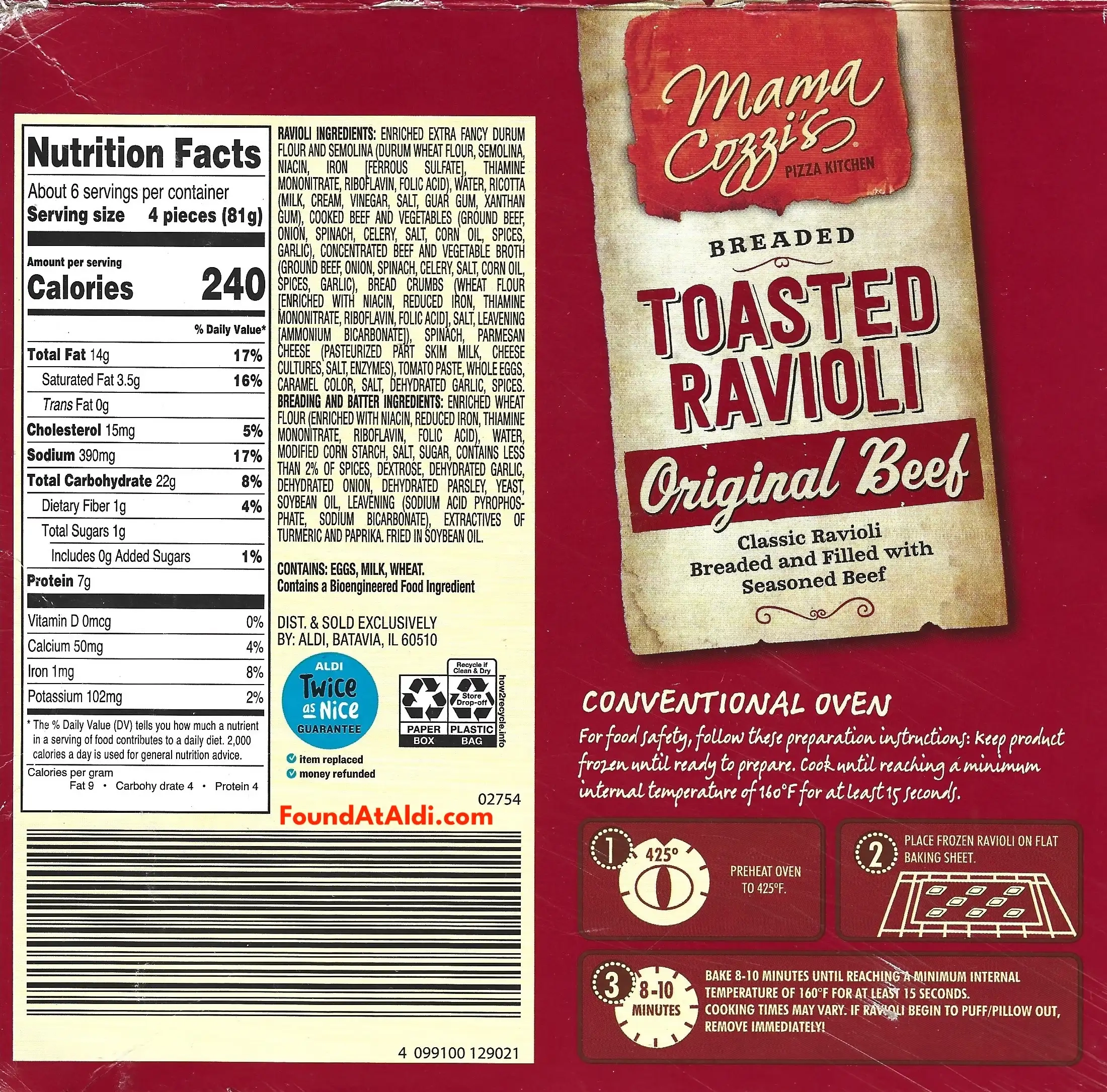 Mama Cozzi's Original Beef Toasted Ravioli Ingredients Nutrition Facts Cooking Directions