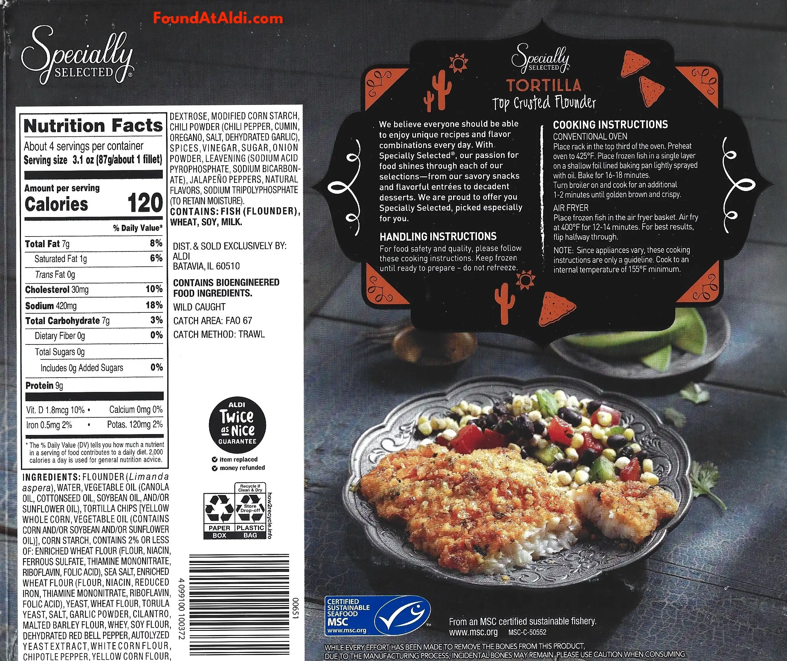 Specially Selected Tortilla Top Crusted Flounder Ingredients Nutrition Facts Cooking Directions