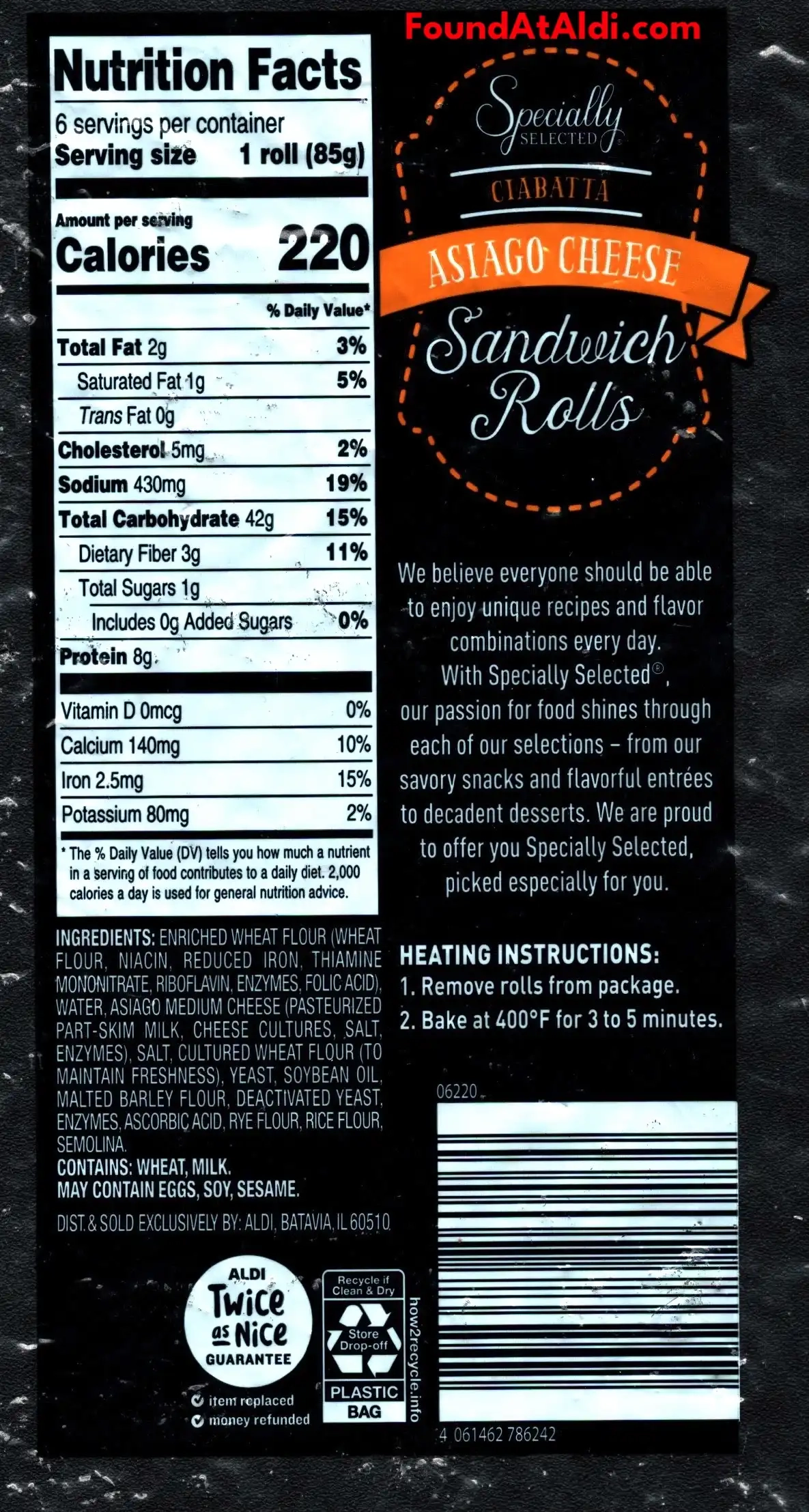 Specially Selected Asiago Cheese Ciabatta Rolls Ingredients Nutrition Facts Cooking Directions