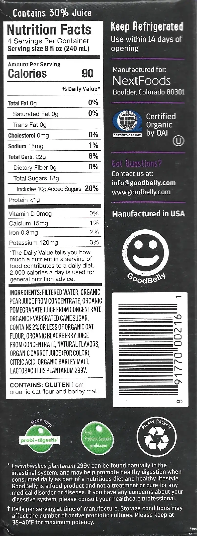 Goodbelly Probiotics Pomegranate Blackberry Flavor Ingredients Nutrition Facts