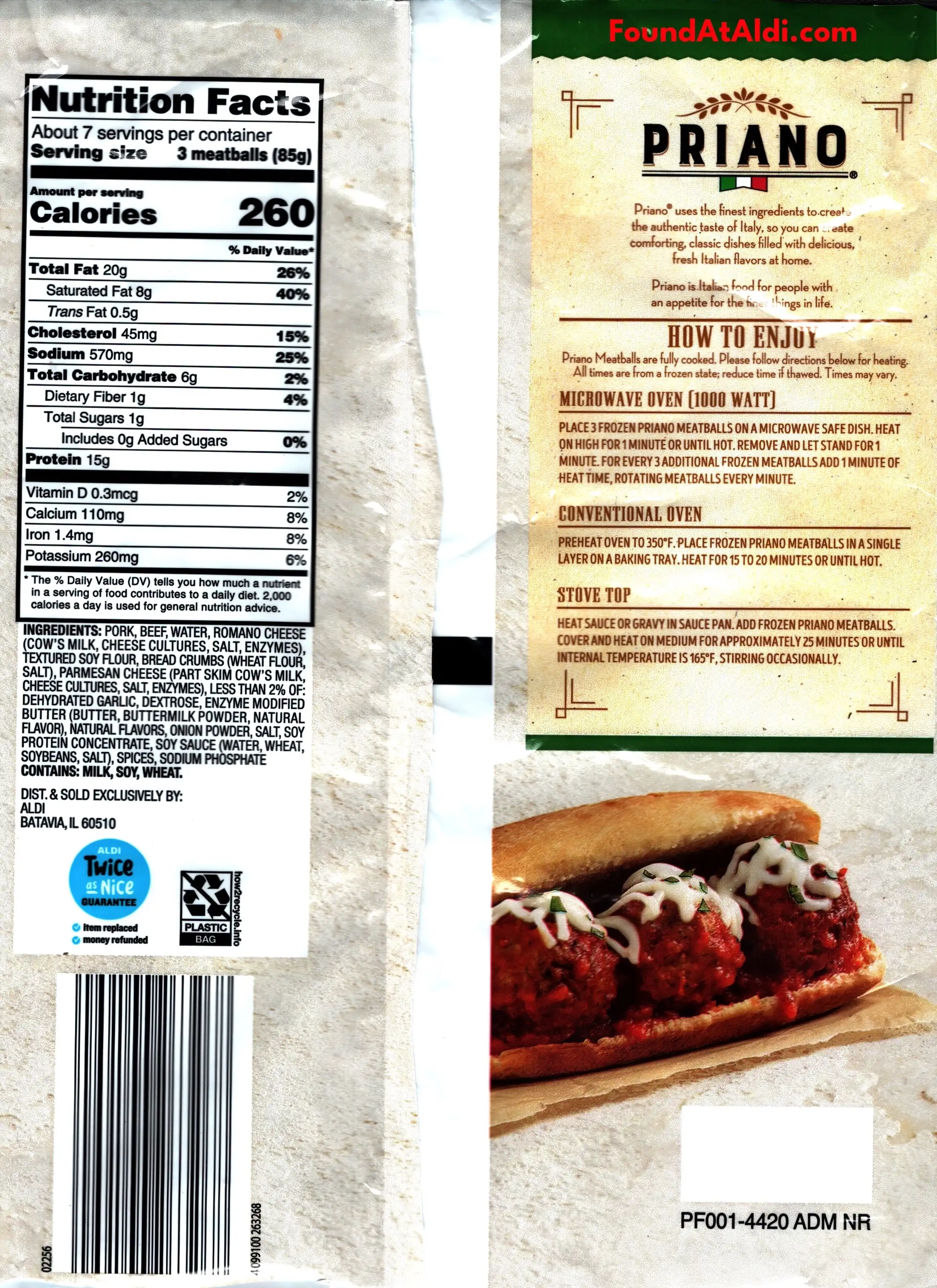 Priano Restaurant Style Meatballs Ingredients Nutrition Facts Cooking Directions