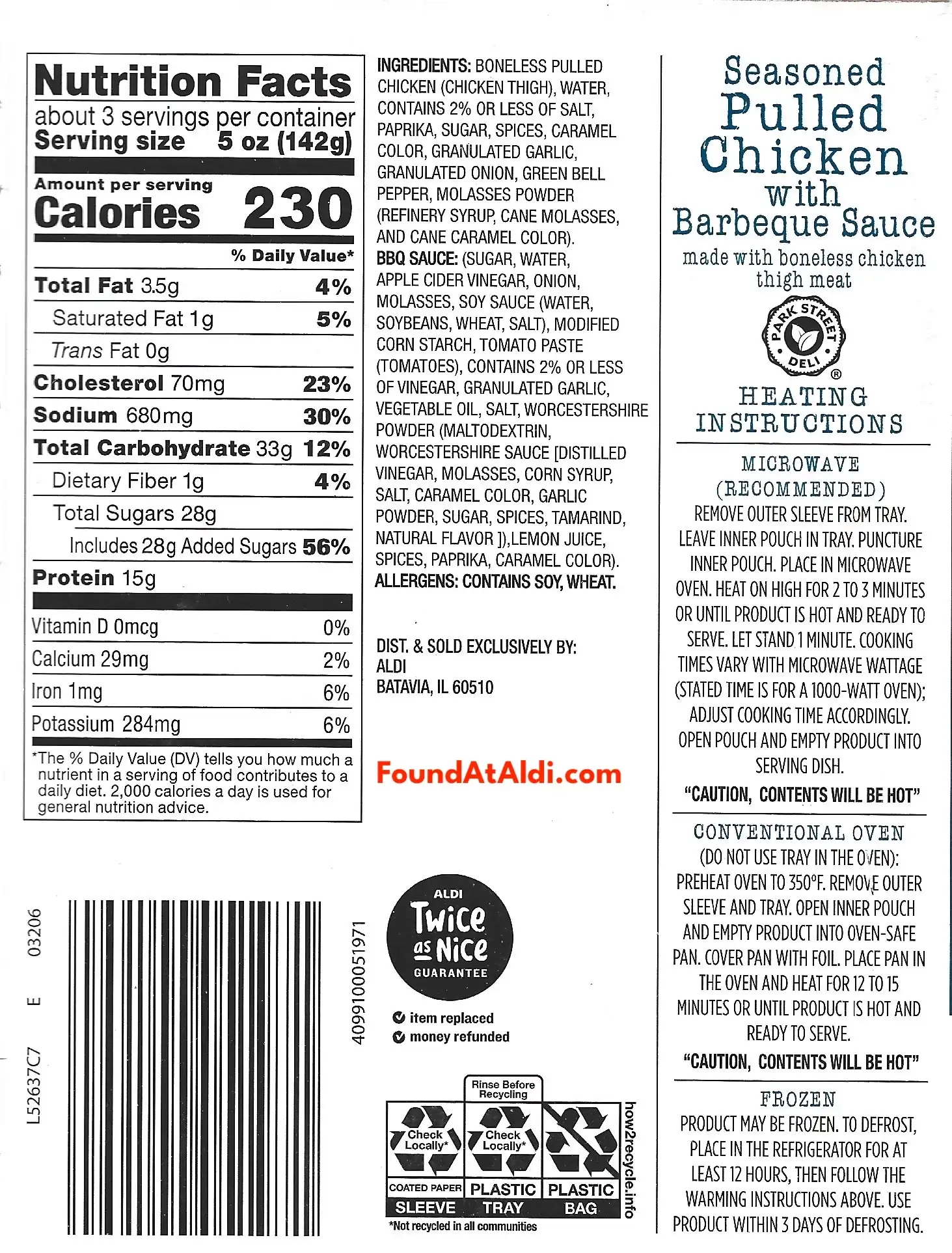 Park Street Deli Pulled Chicken With Barbeque Sauce Ingredients Nutrition Facts Cooking Directions