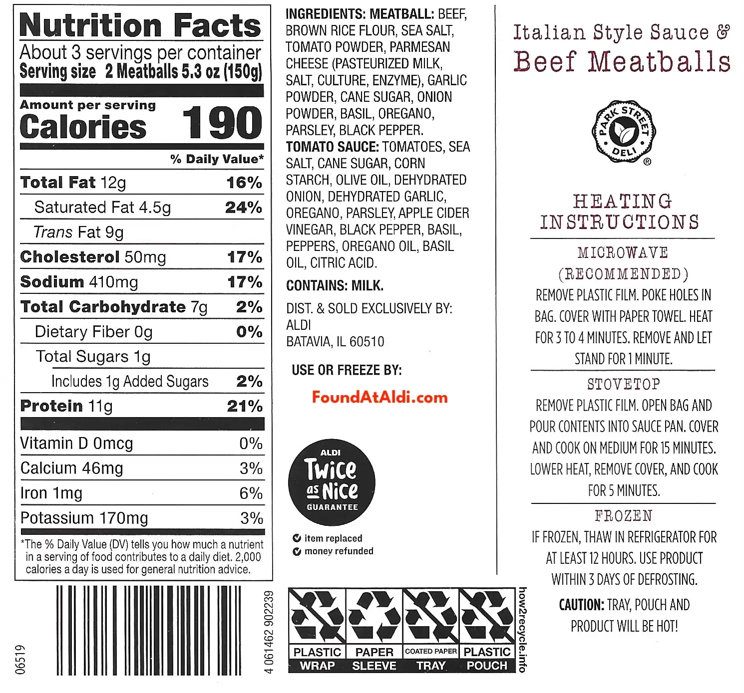 Park Street Deli Italian Style Sauce & Beef Meatballs Ingredients Nutrition Facts Cooking Directions