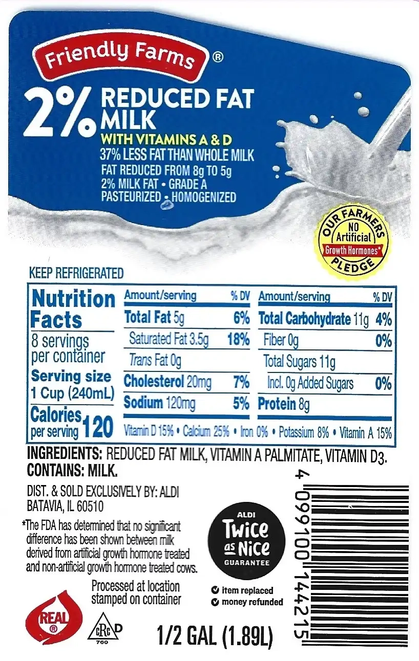 Friendly Farms 2% Reduced Fat Milk Ingredients Nutrition Facts