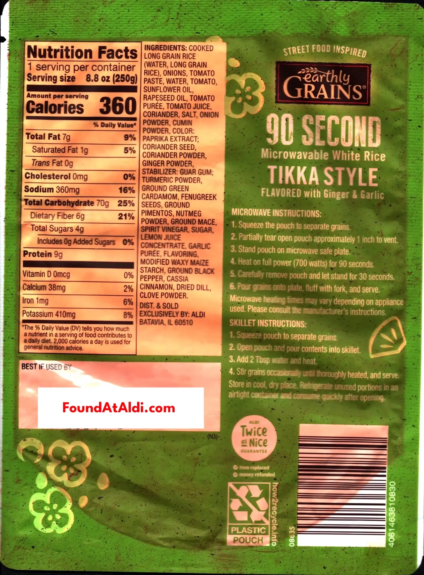 Earthly Grains 90 Second Tikka Style Rice Ingredients Nutrition Facts Cooking Directions