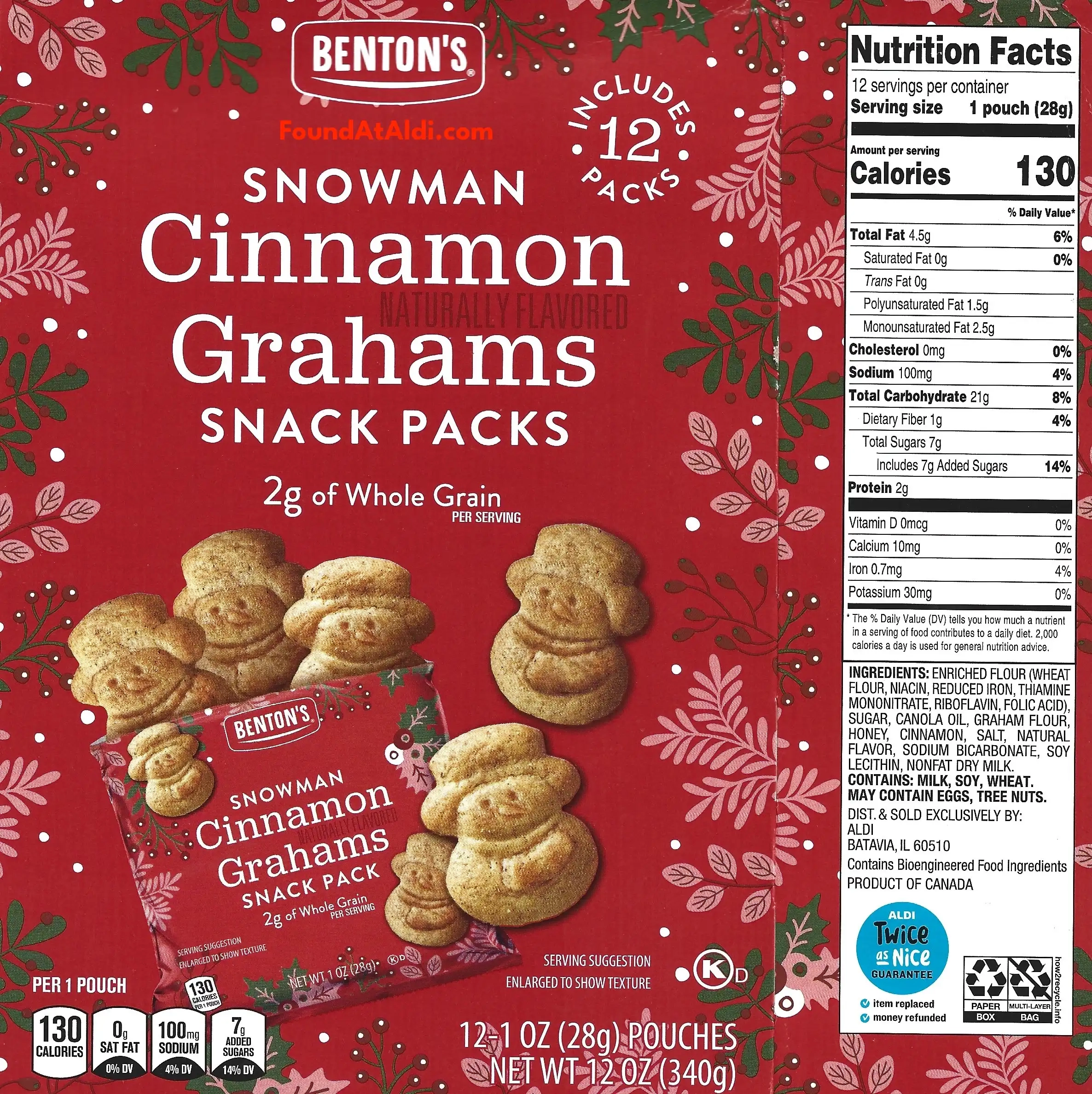 Benton's Snowman Cinnamon Grahams Snack Packs Ingredients Nutrition Facts