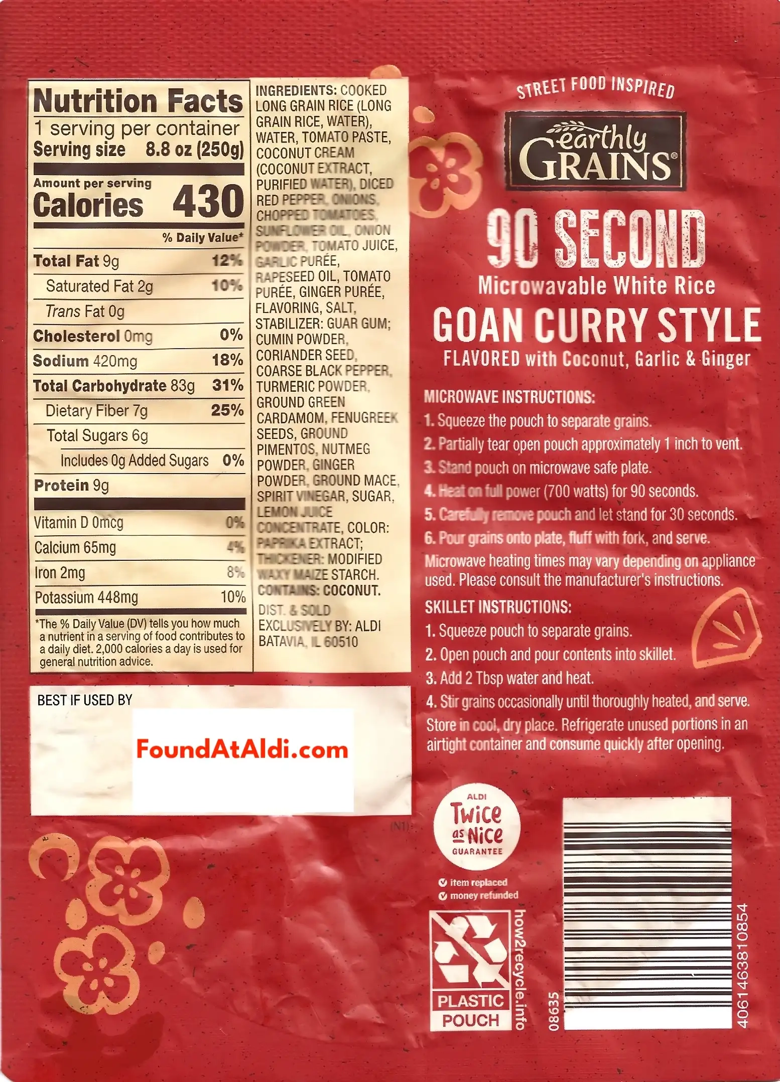 Earthly Grains 90 Second Microwavable White Rice Goan Curry Style Ingredients Nutrition Facts Cooking Directions