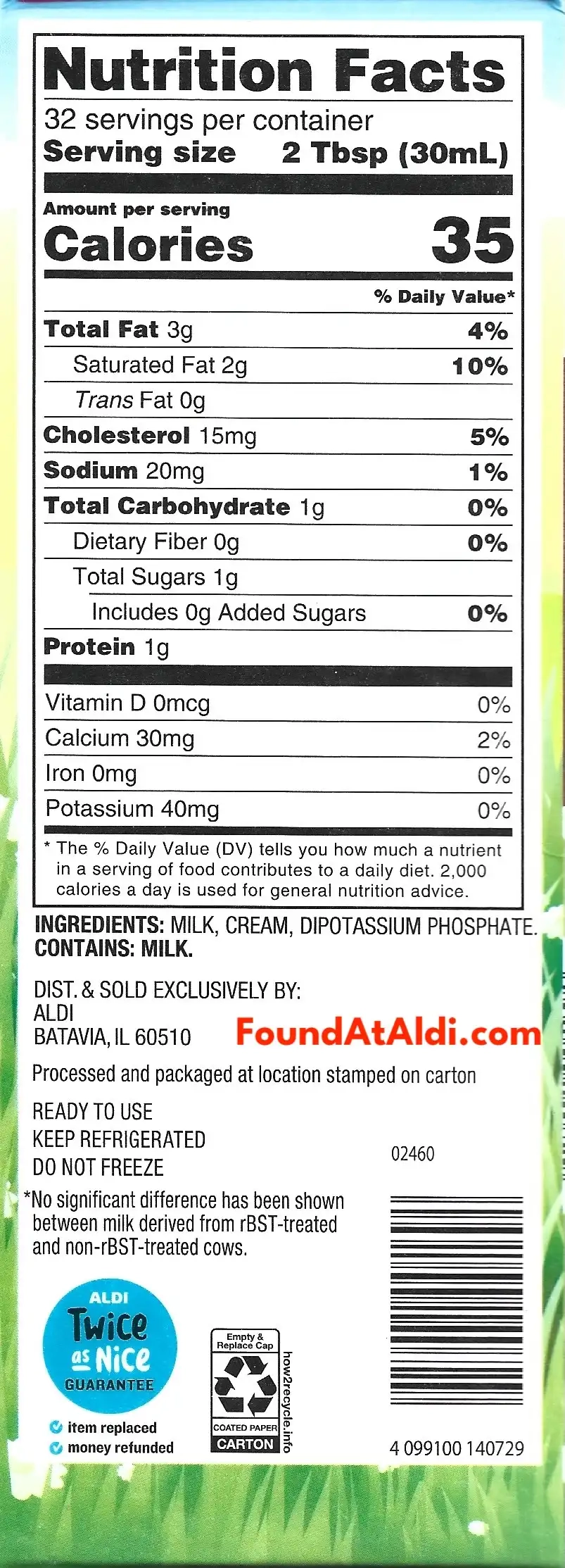 Friendly Farms Half & Half Ingredients Nutrition Facts