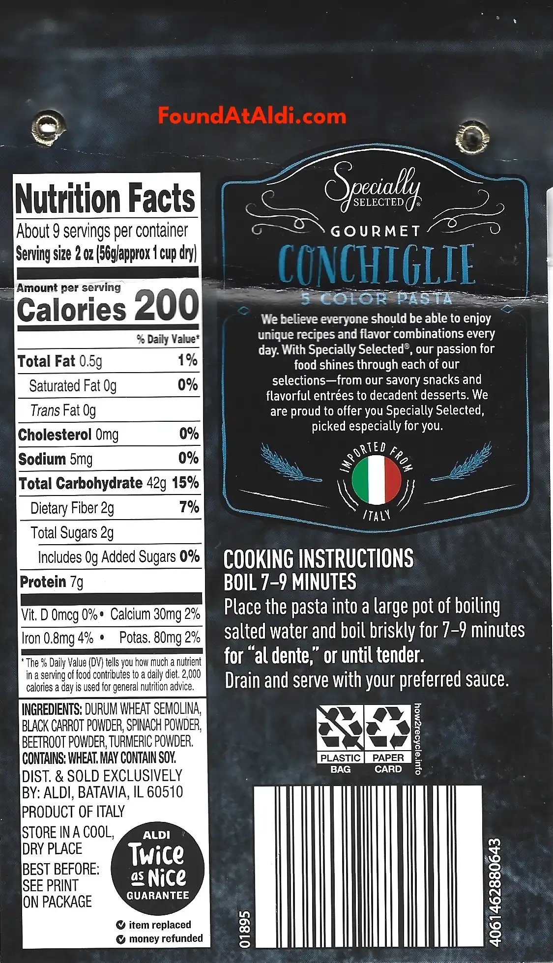 Specially Selected Gourmet Conchiglie 5 Color Pasta Ingredients Nutrition Facts Cooking Directions