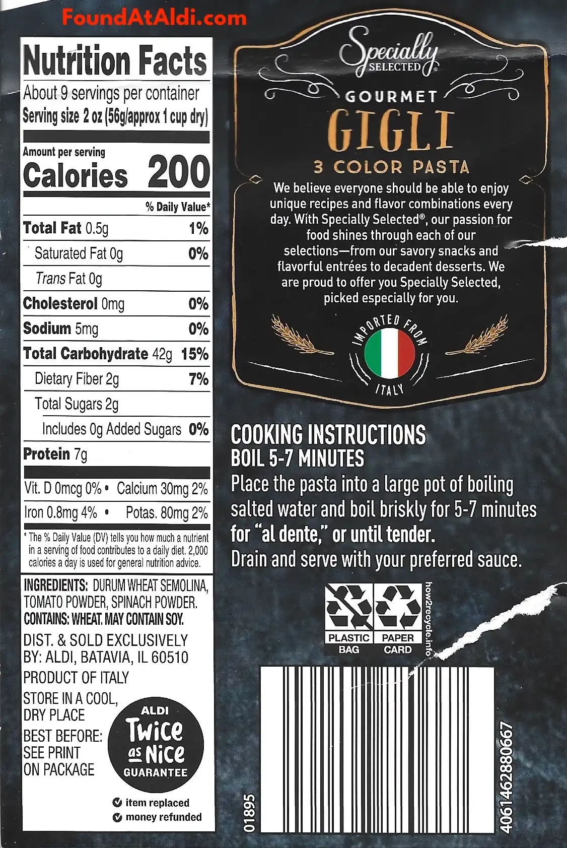 Specially Selected Gourmet Gigli 3 Color Pasta Ingredients Nutrition Facts Cooking Directions