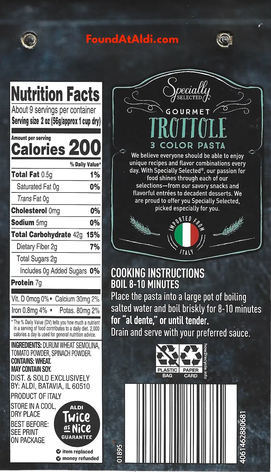 Specially Selected Gourmet Trottole 3 Color Pasta Ingredients Nutrition Facts Cooking Directions