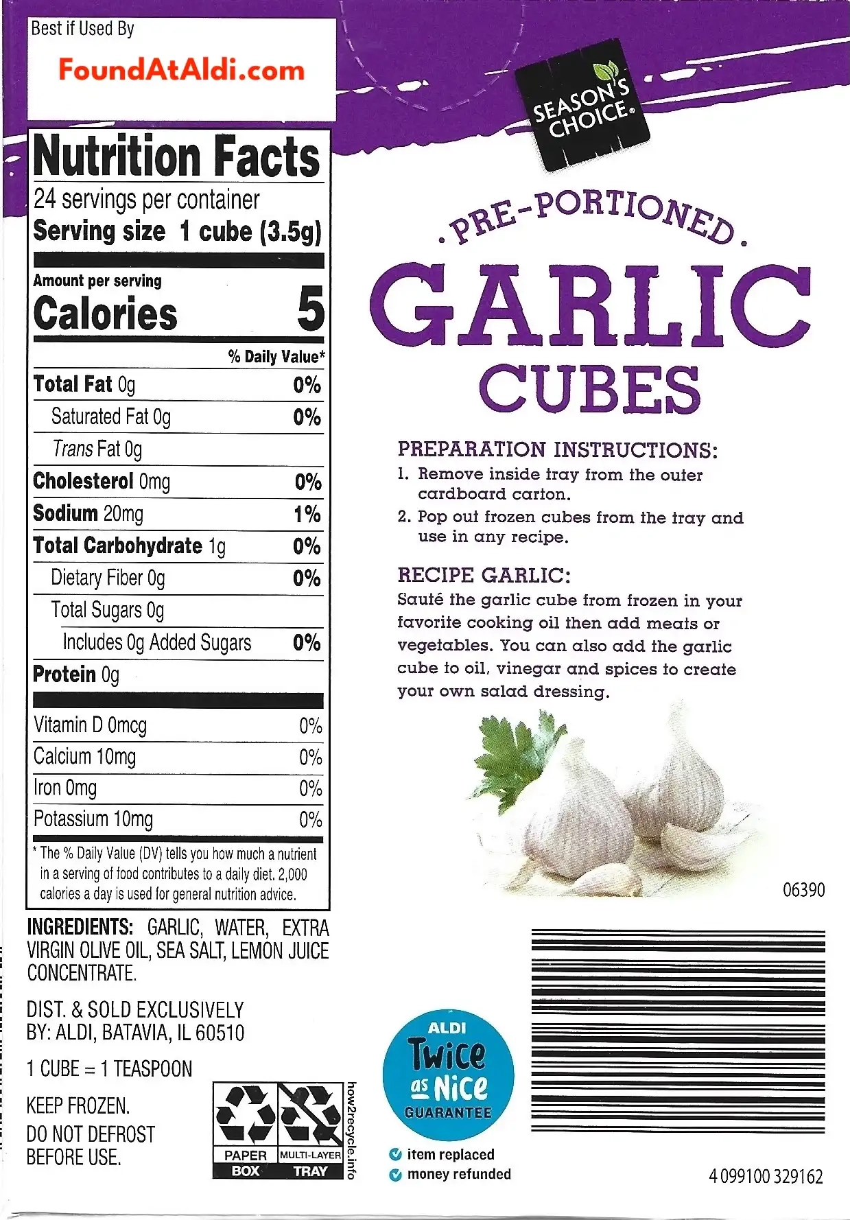 Season's Choice Garlic Cubes Ingredients Nutrition Facts