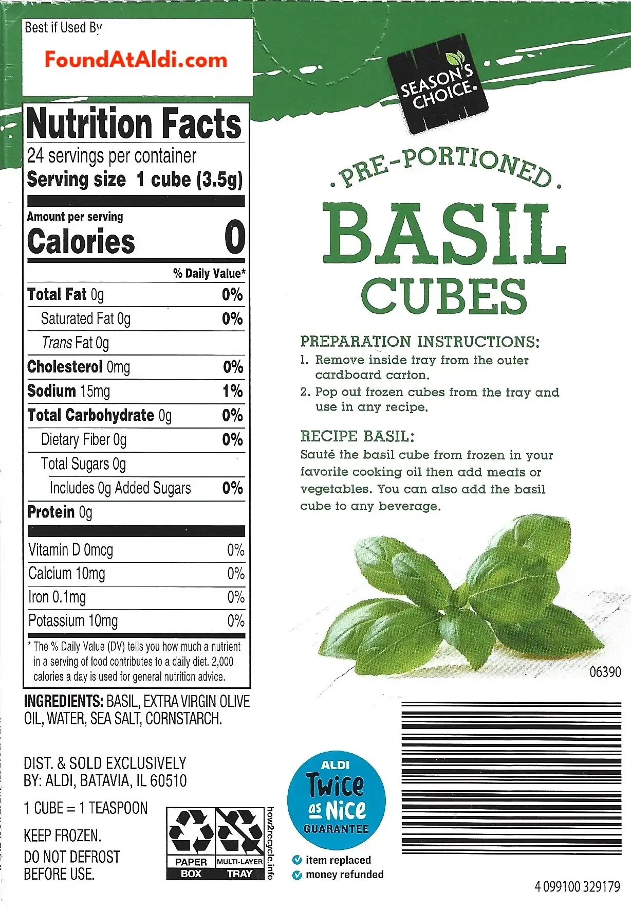 Season's Choice Basil Cubes Ingredients Nutrition Facts