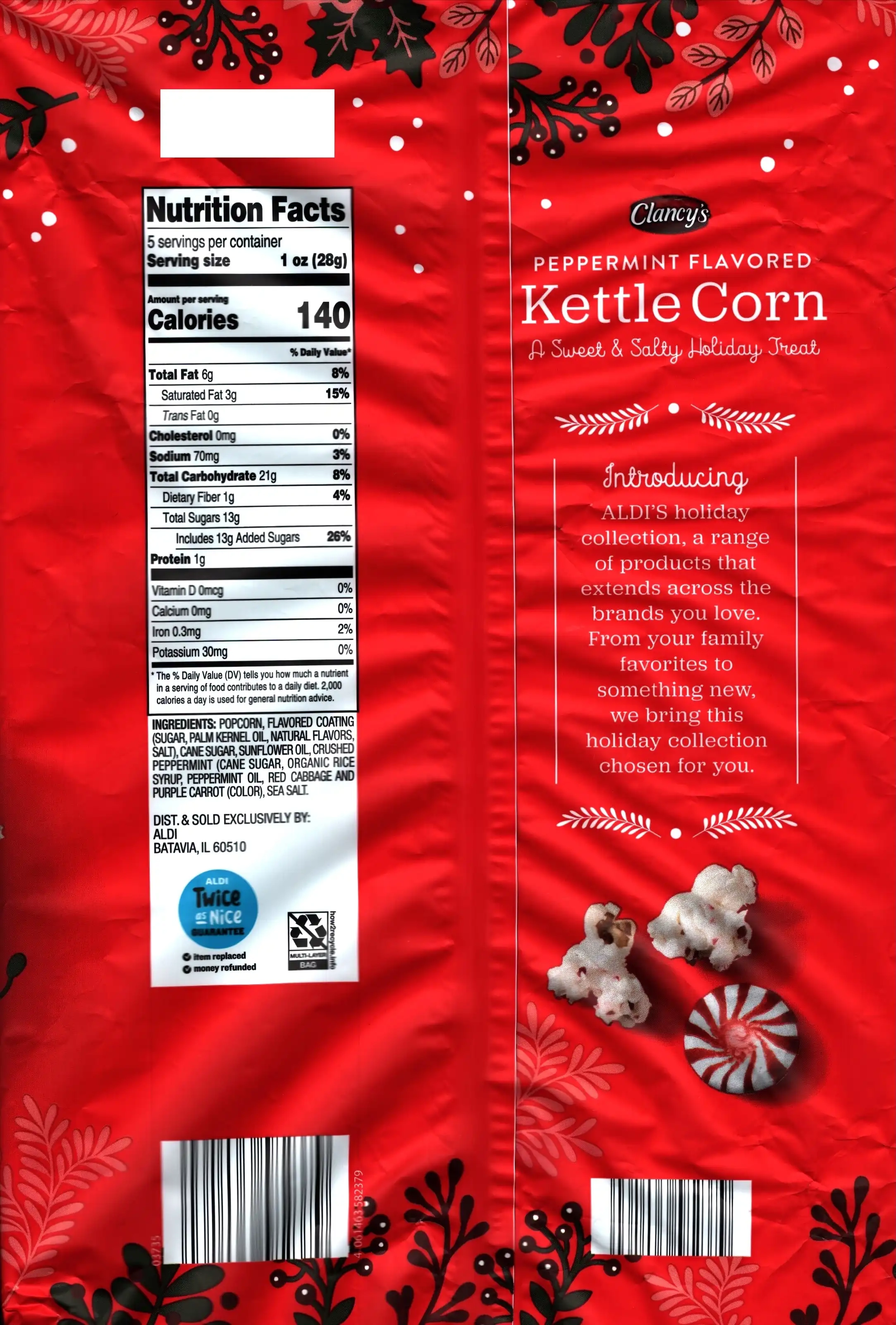 Clancy's Peppermint Flavored Kettle Corn Ingredients Nutrition Facts