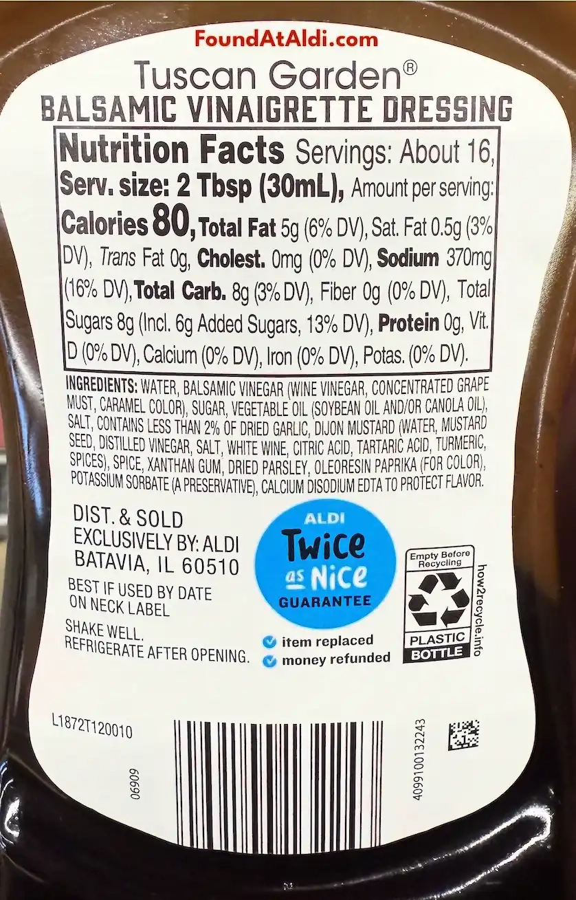 Tuscan Garden Balsamic Vinaigrette Dressing Ingredients Nutrition Facts