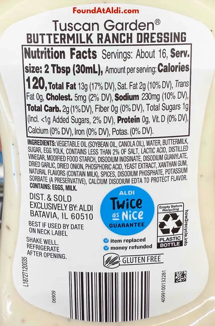 Tuscan Garden Buttermilk Ranch Dressing Ingredients Nutrition Facts