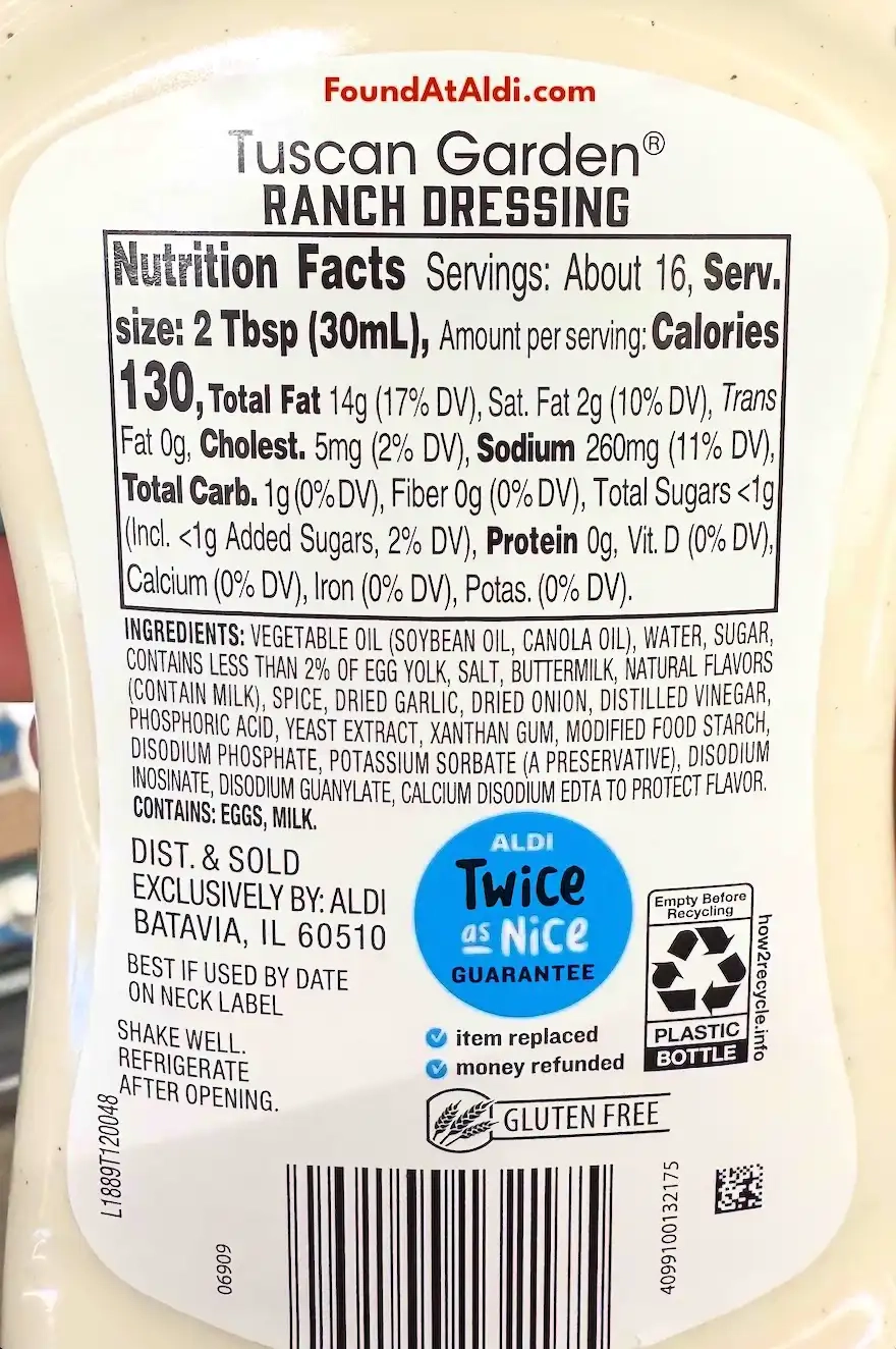 Tuscan Garden Ranch Dressing Ingredients Nutrition Facts