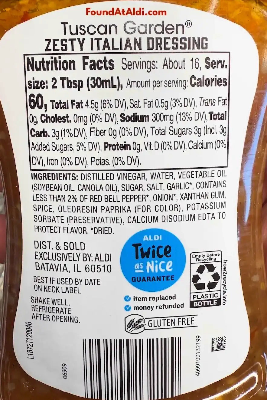 Tuscan Garden Zesty Italian Dressing Ingredients Nutrition Facts