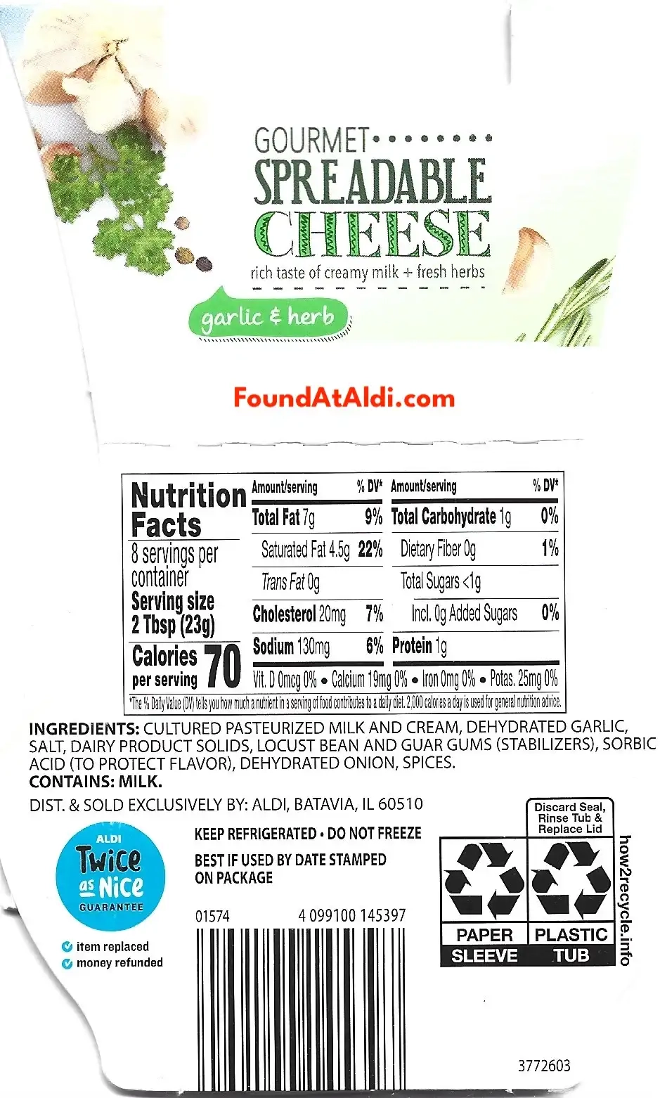 Emporium Selection Gourmet Spreadable Garlic & Herb Cheese Ingredients Nutrition Facts