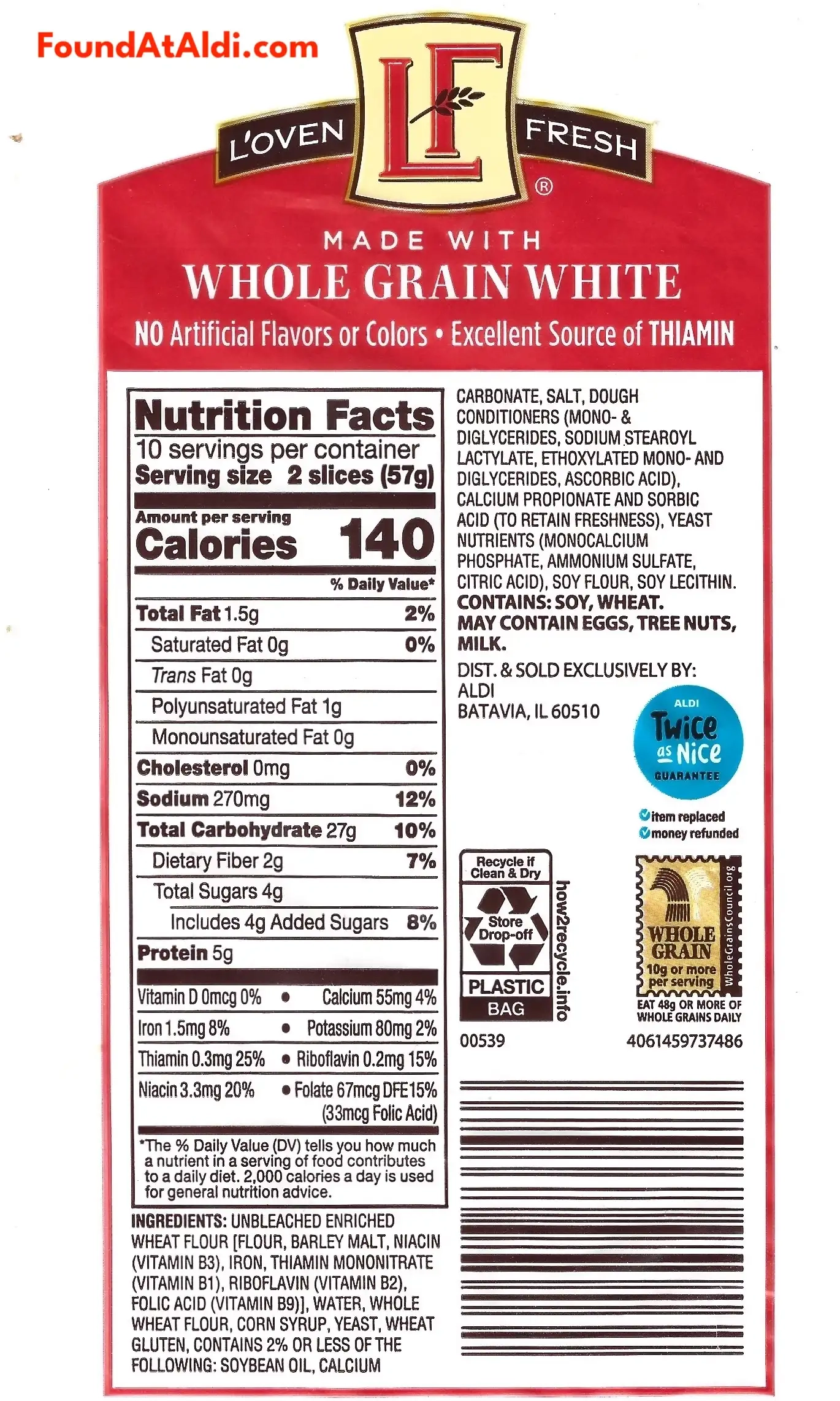 L'oven Fresh Whole Grain White Bread Ingredients Nutrition Facts